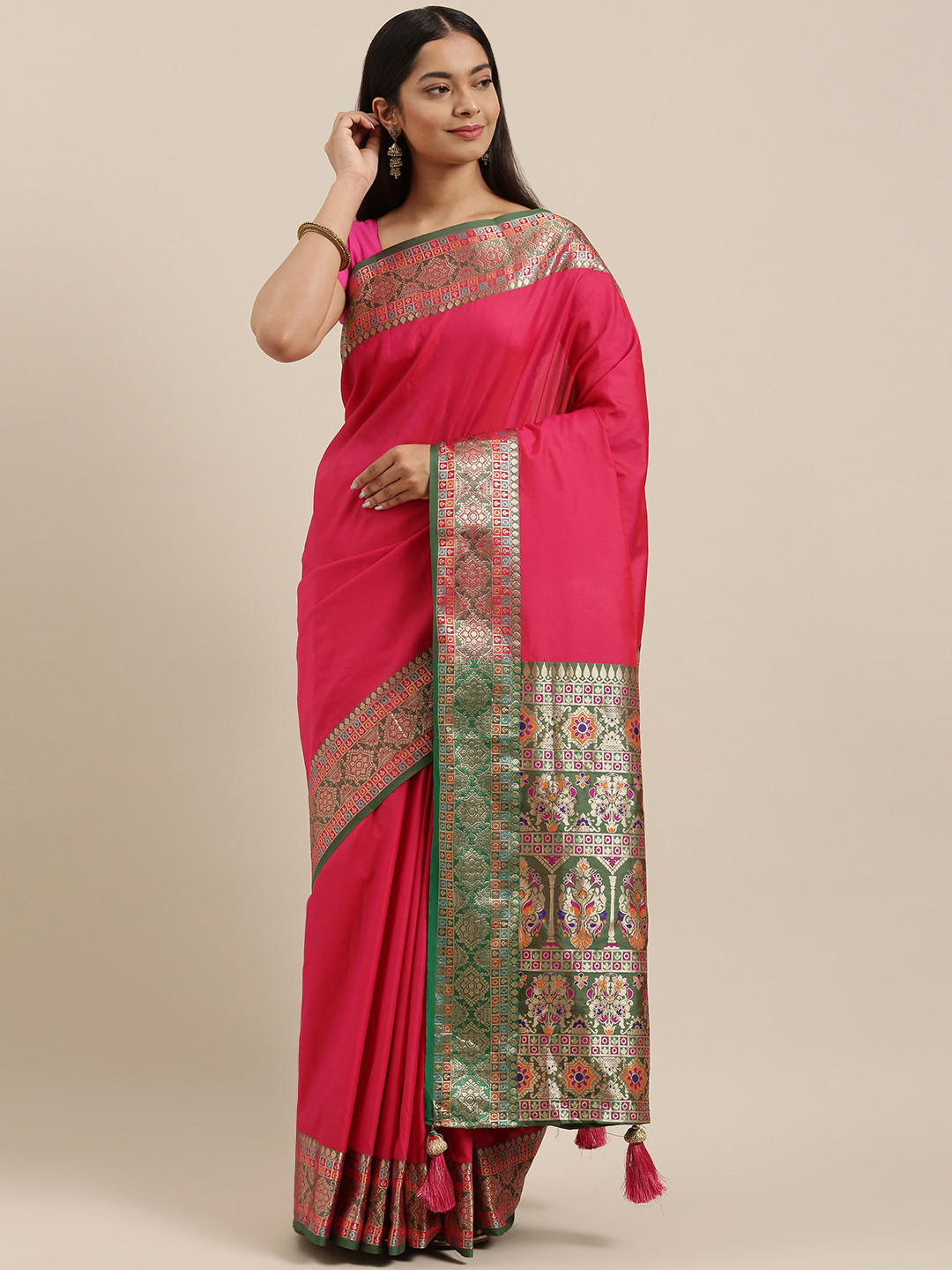 

SANGAM PRINTS Pink Pure Silk Kanjeevaram Saree