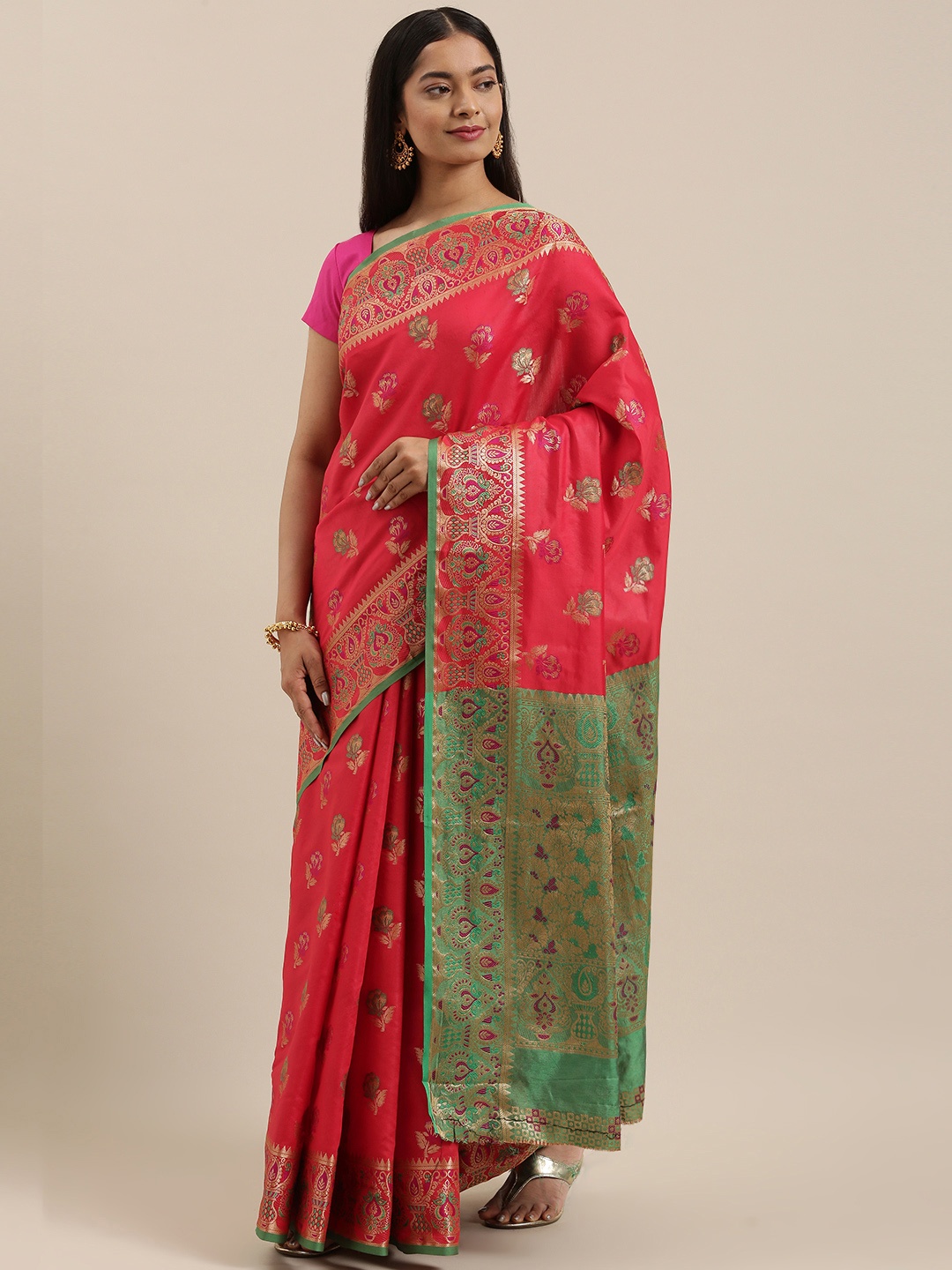 

SANGAM PRINTS Coral Red & Green Floral Woven Design Zari Pure Silk Banarasi Saree