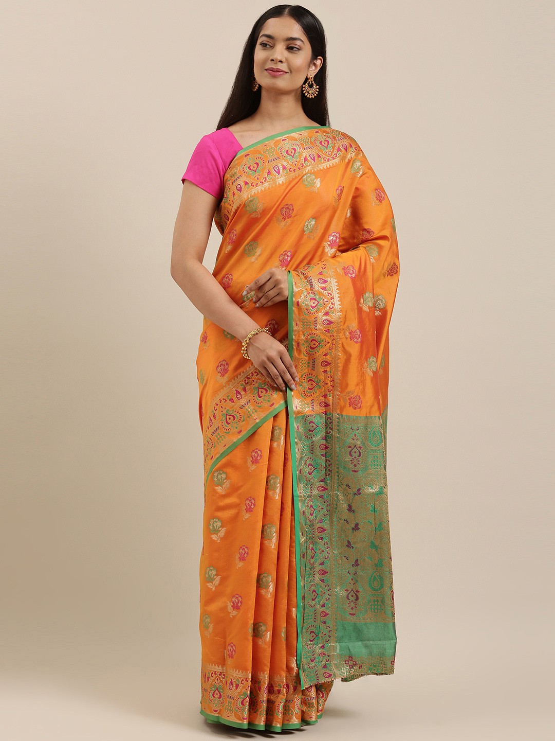 

SANGAM PRINTS Orange & Pink Floral Woven Design Zari Pure Silk Banarasi Saree