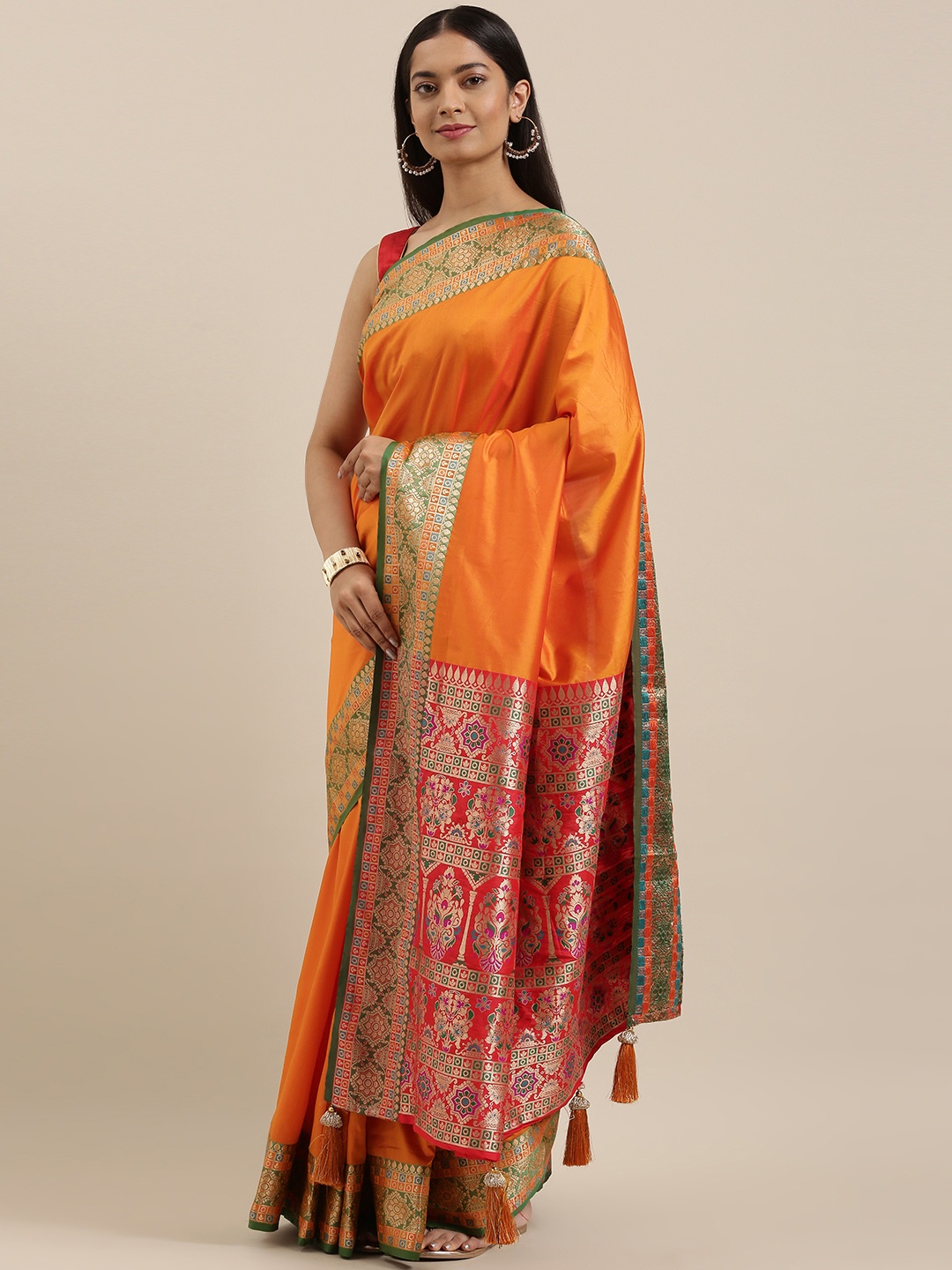 

SANGAM PRINTS Orange & Red Zari Pure Silk Kanjeevaram Saree