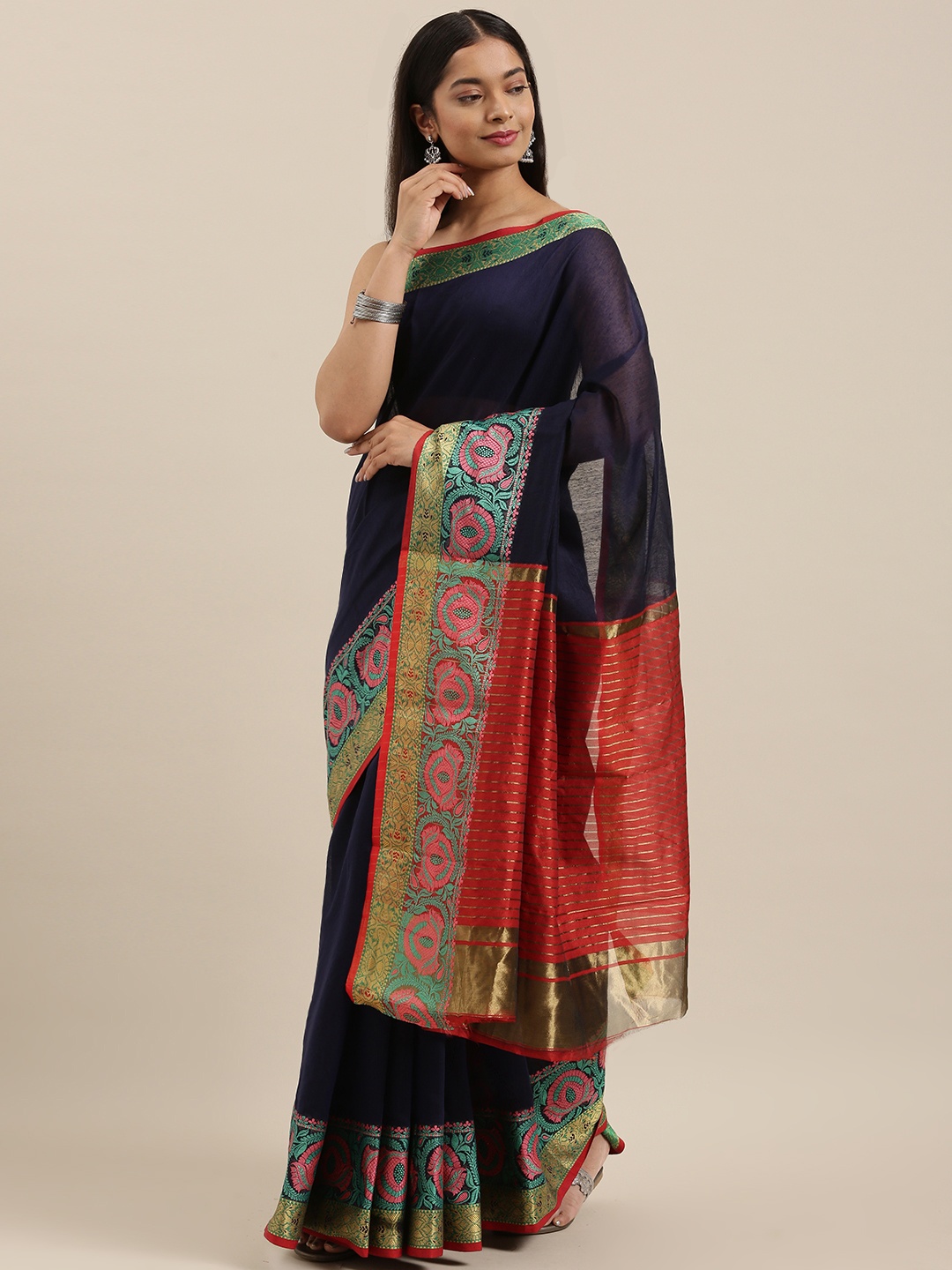 

SANGAM PRINTS Navy Blue & Red Cotton Handloom Woven Work Traditional Saree