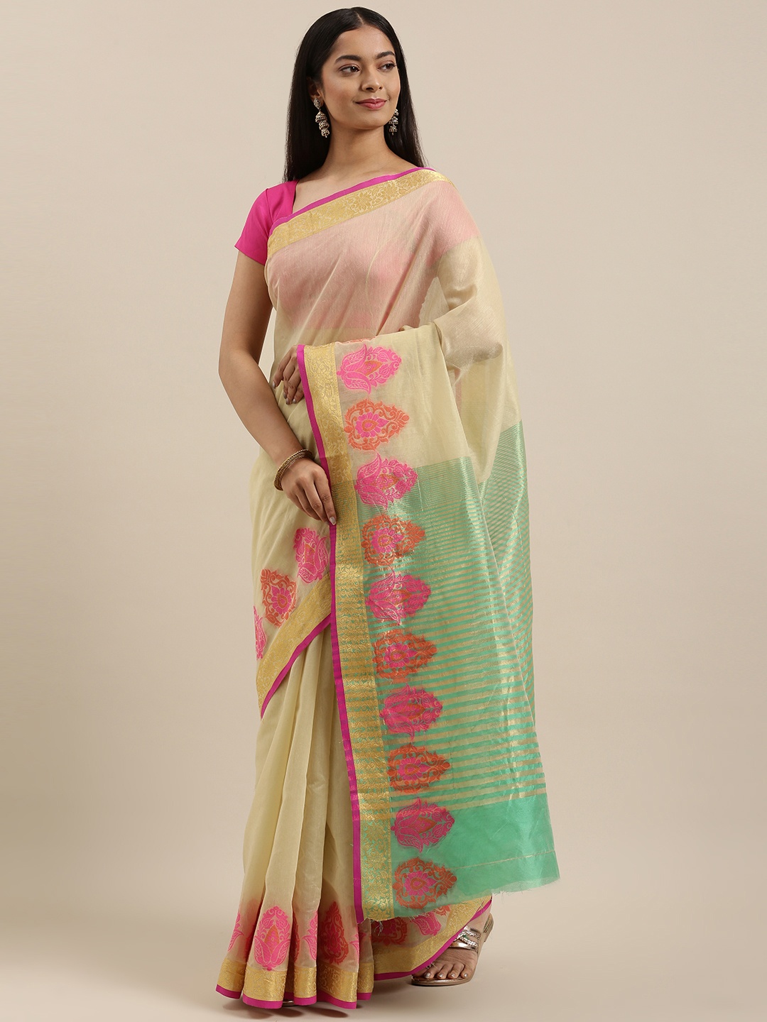 

SANGAM PRINTS Beige Handloom Saree