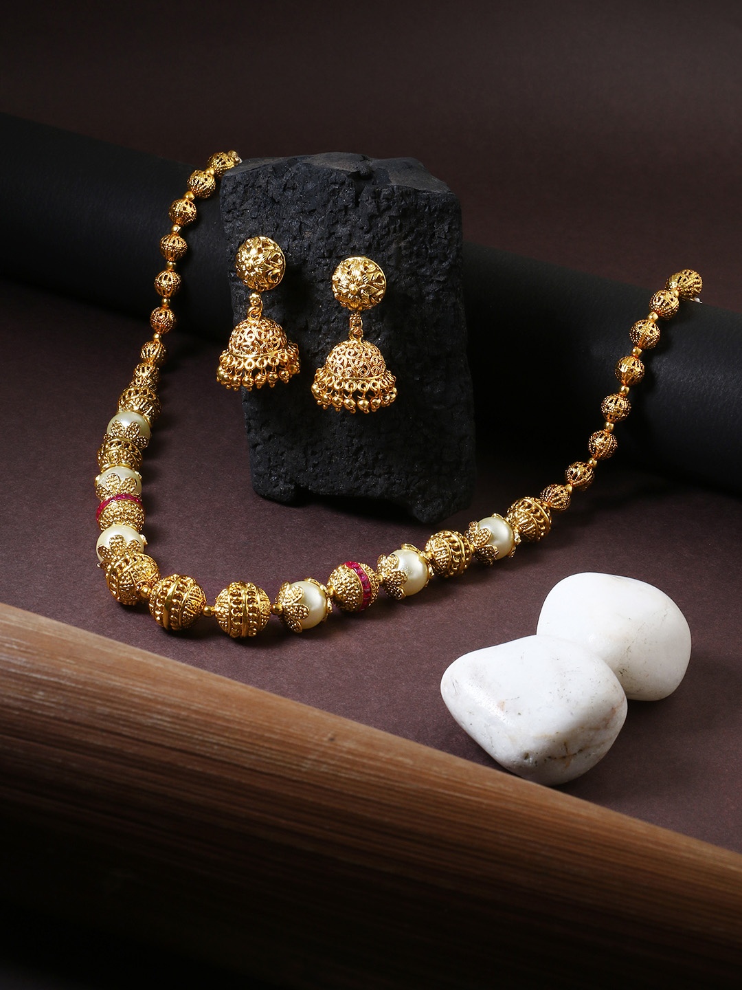 

Adwitiya Collection Gold-Plated & White Pearl Beaded Handcrafted Jewellery Set