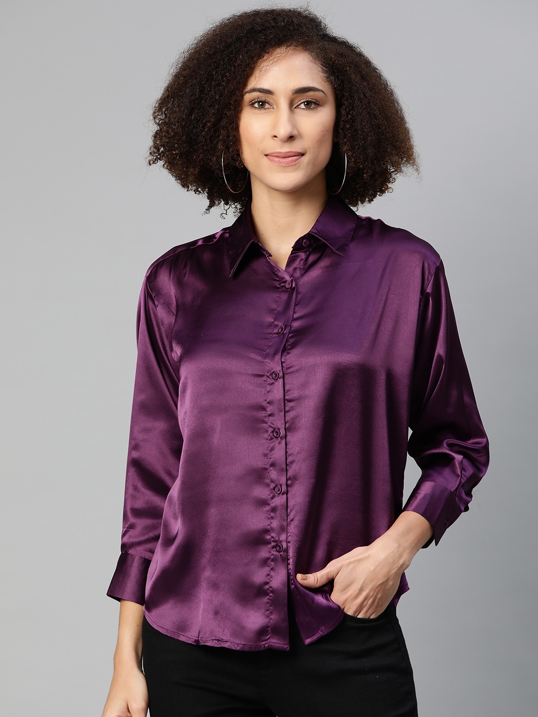 

Ives Women Purple Solid Satin Finish Partywear Shirt