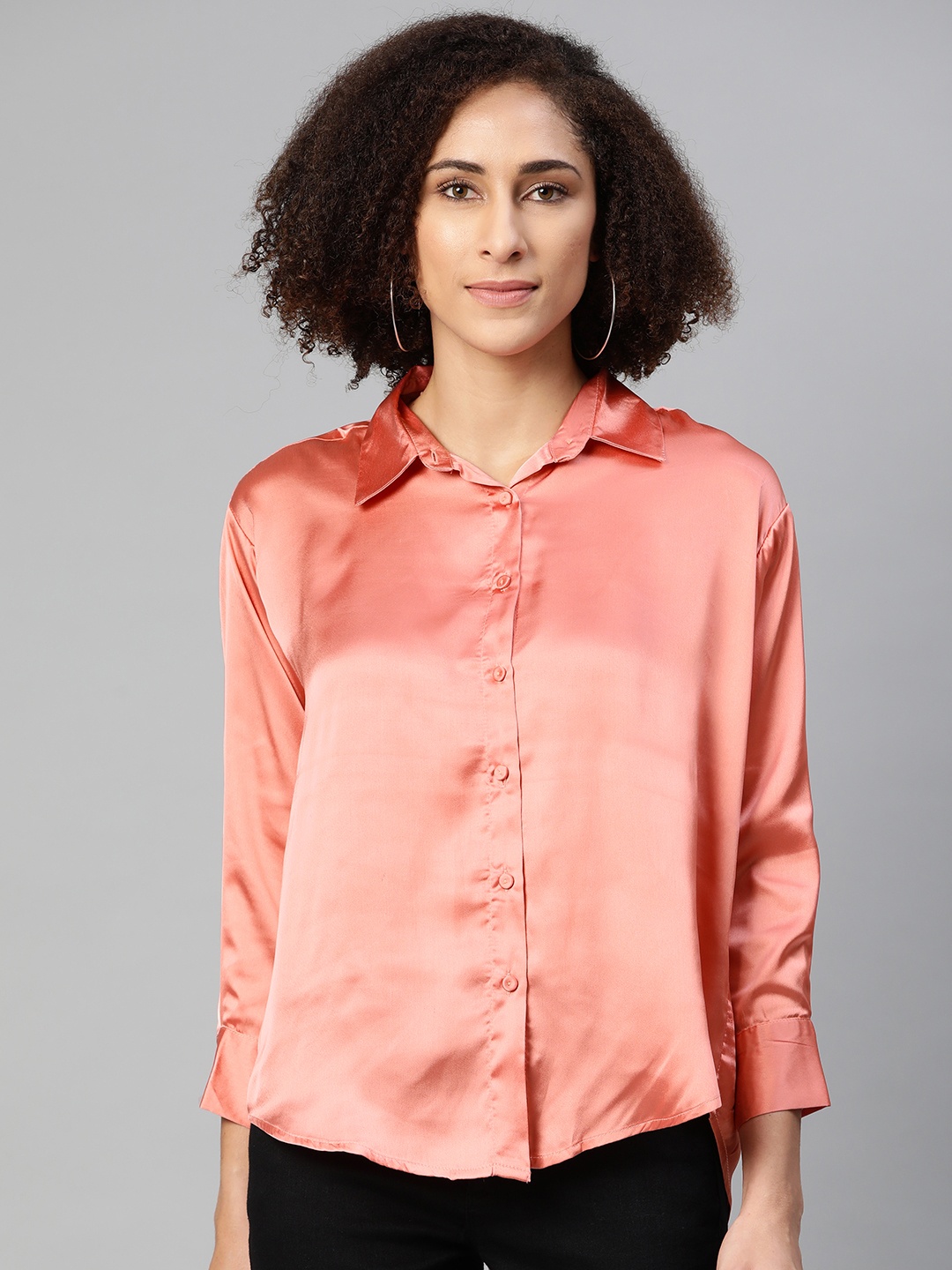

Ives Women Coral Pink Satin Finish Partywear Shirt