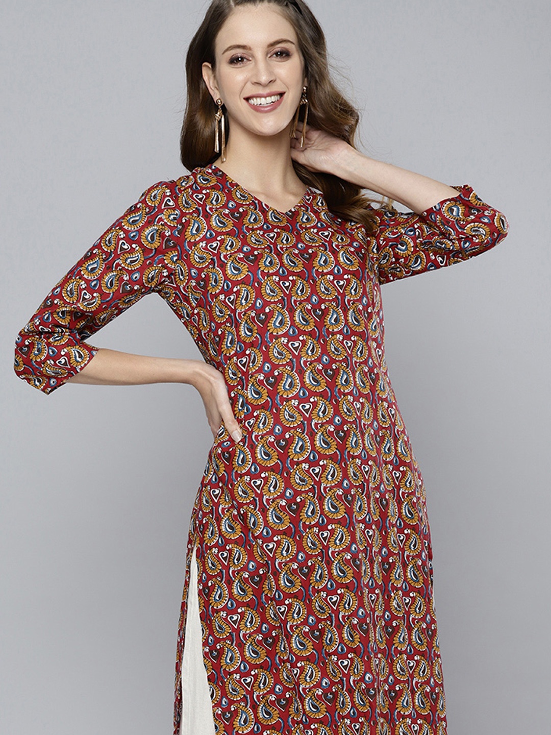 

HERE&NOW Women Maroon & Mustard Yellow Paisley Print Cotton Straight Kurta