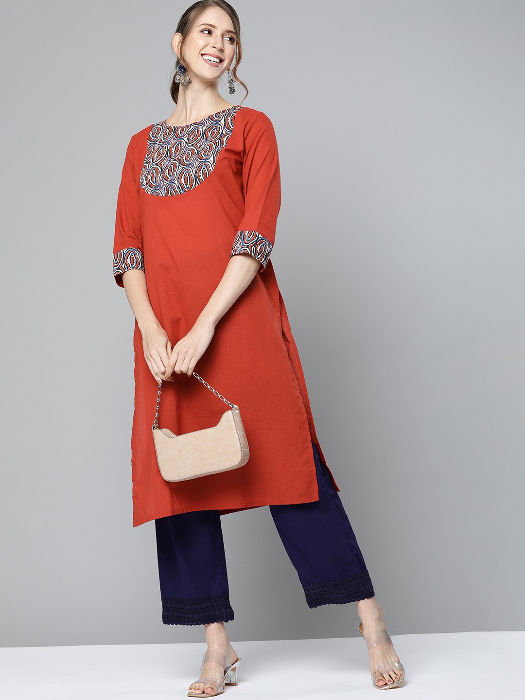 

HERE&NOW Women Red & White Geometric Yoke Design Cotton Kurta