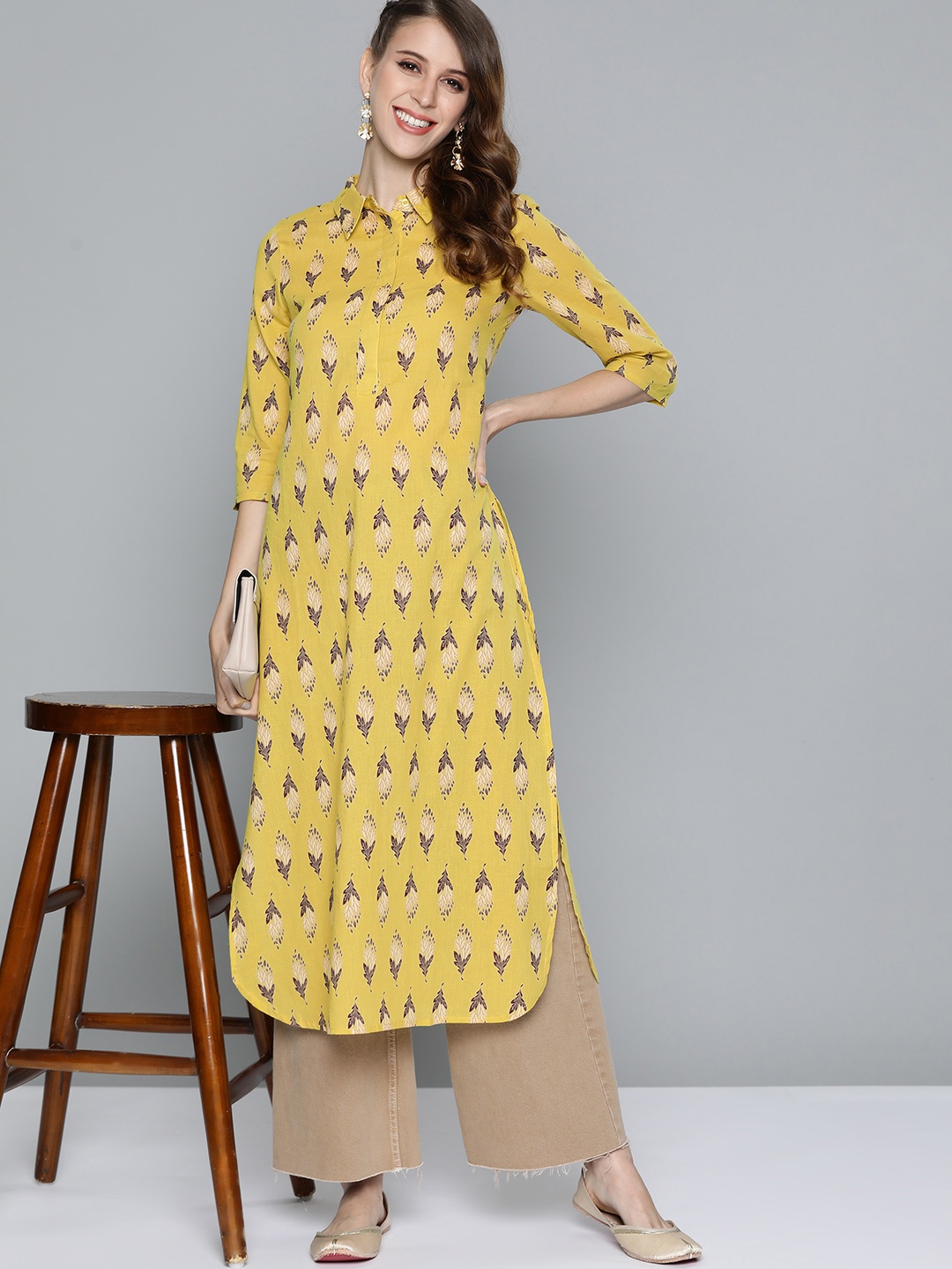 

HERE&NOW Women Yellow & Burgundy Ethnic Motifs Printed Cotton Kurta
