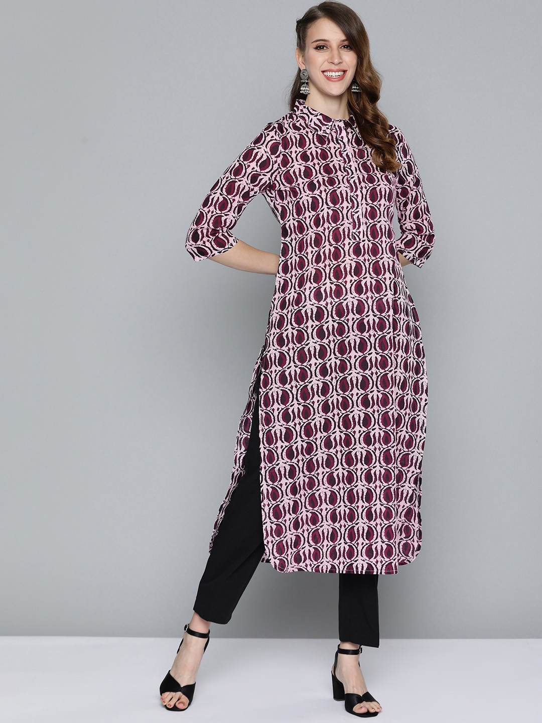 

HERE&NOW Women Burgundy & Pink Paisley Printed Cotton Kurta