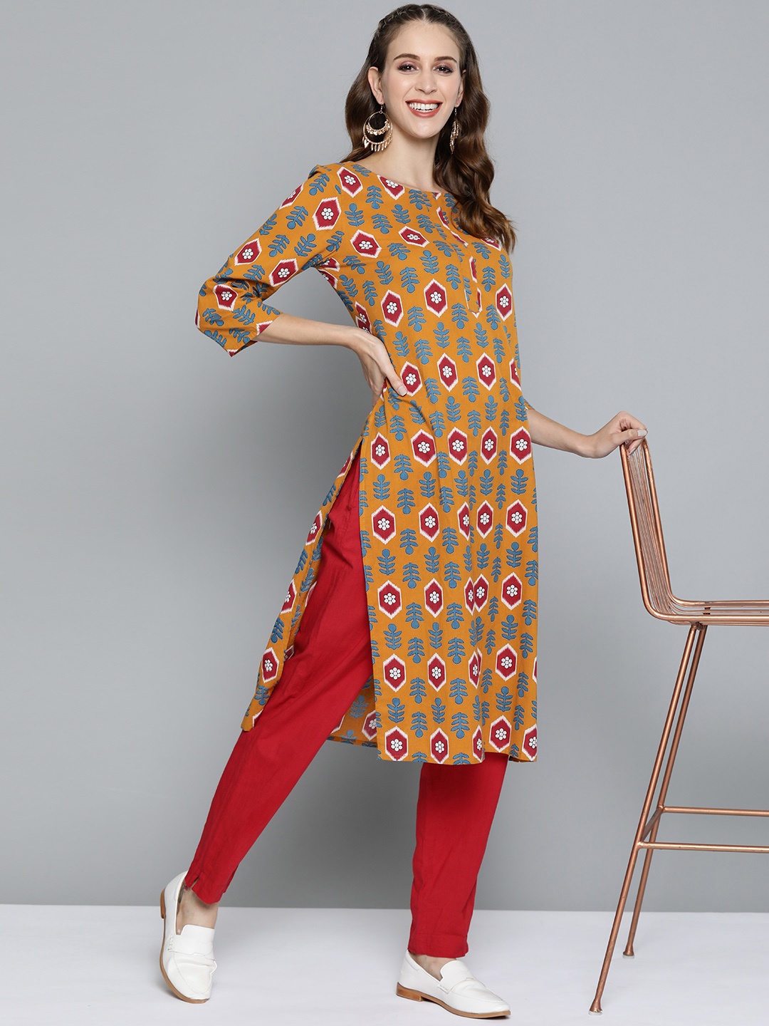

HERE&NOW Women Mustard Yellow & Blue Pure Cotton Ethnic Motifs Printed Kurta