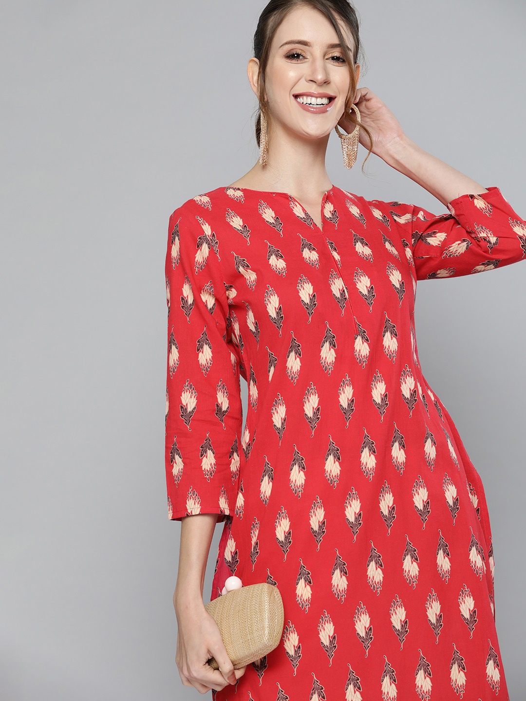 

HERE&NOW Women Red Pure Cotton Ethnic Motifs Printed Kurta