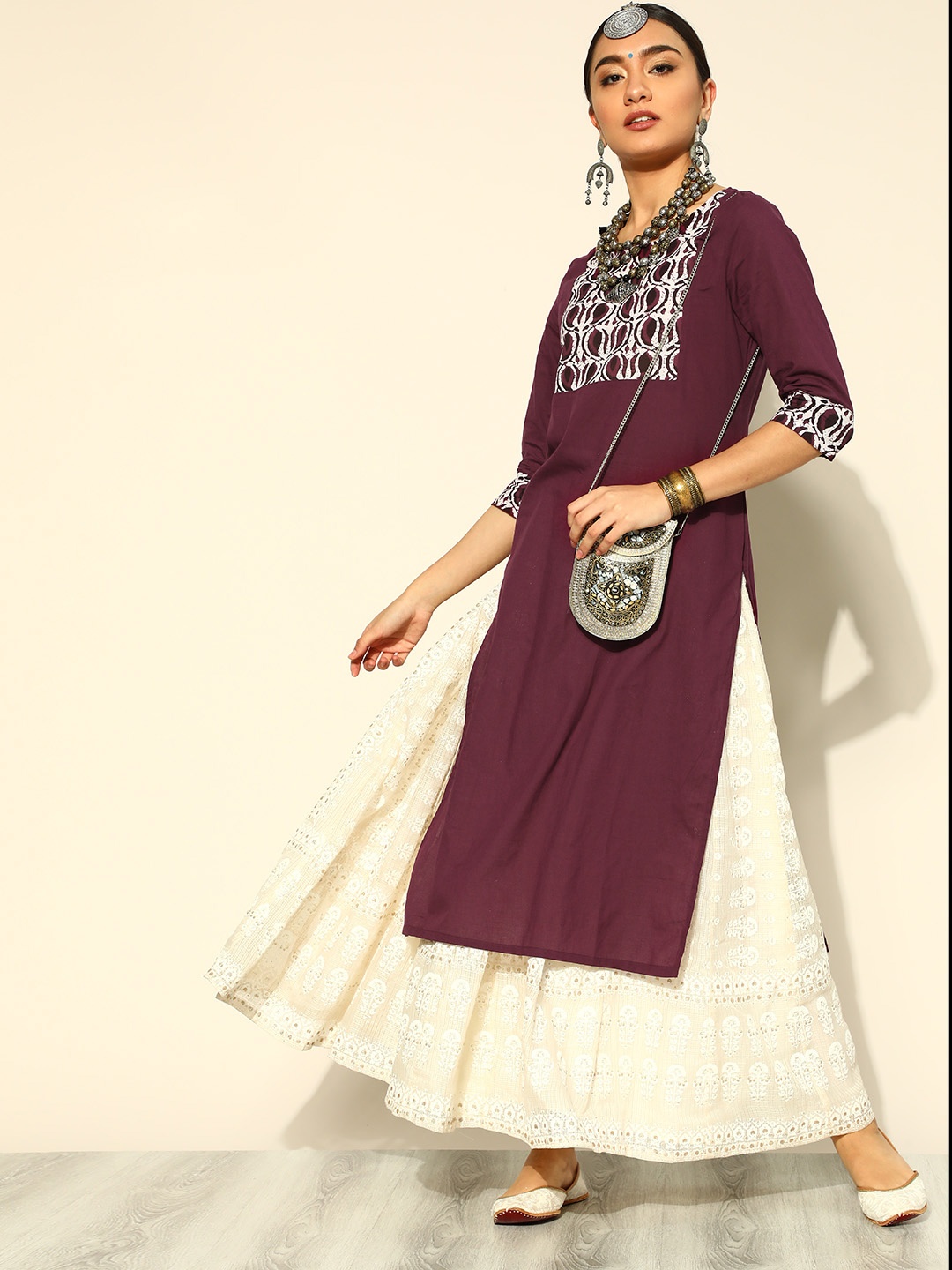 

HERE&NOW Women Burgundy & White Paisley Yoke Design Pure Cotton Straight Kurta
