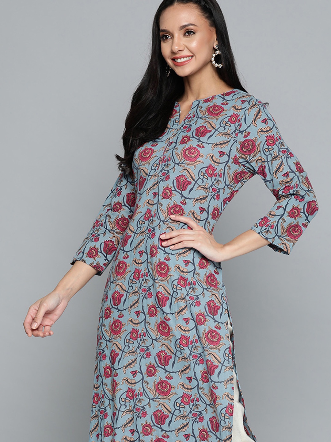 

HERE&NOW Women Blue & Pink Ethnic Motifs Printed Pure Cotton Kurta