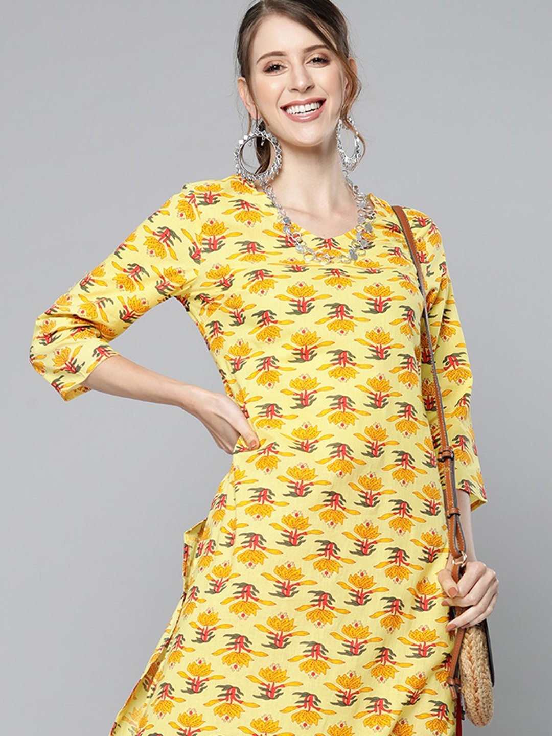 

HERE&NOW Women Yellow & Orange Pure Cotton Ethnic Motifs Printed Kurta