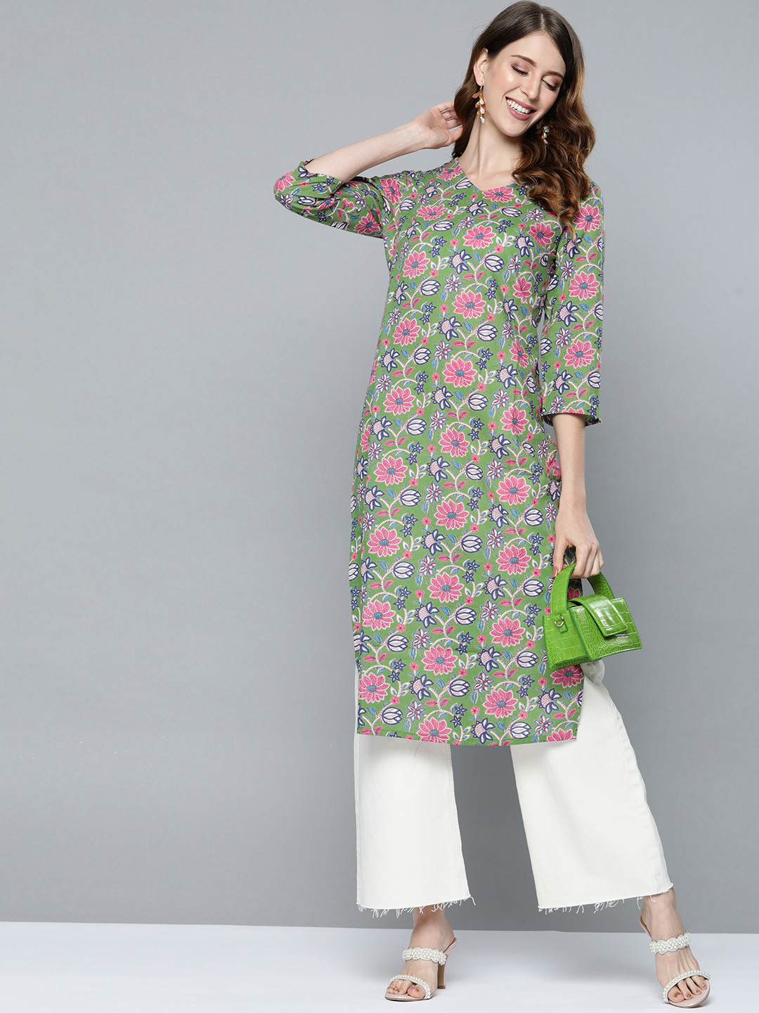

HERE&NOW Women Green & Pink Pure Cotton Floral Printed Floral Kurta