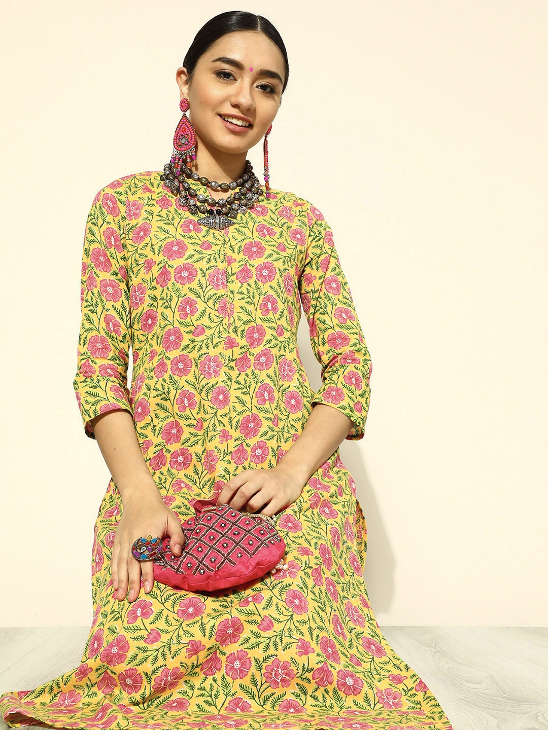 

HERE&NOW Bright Yellow and Pink Printed kurta