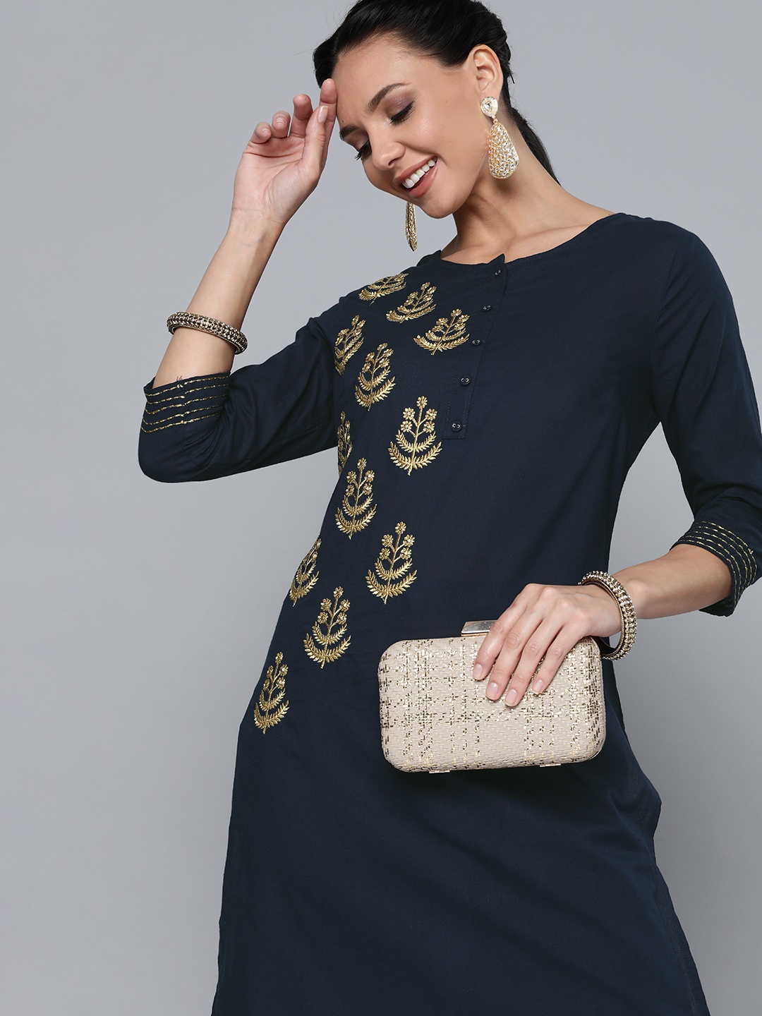 

HERE&NOW Women Navy Blue & Golden Embroidered Yoke Design Pure Cotton Kurta with Palazzos