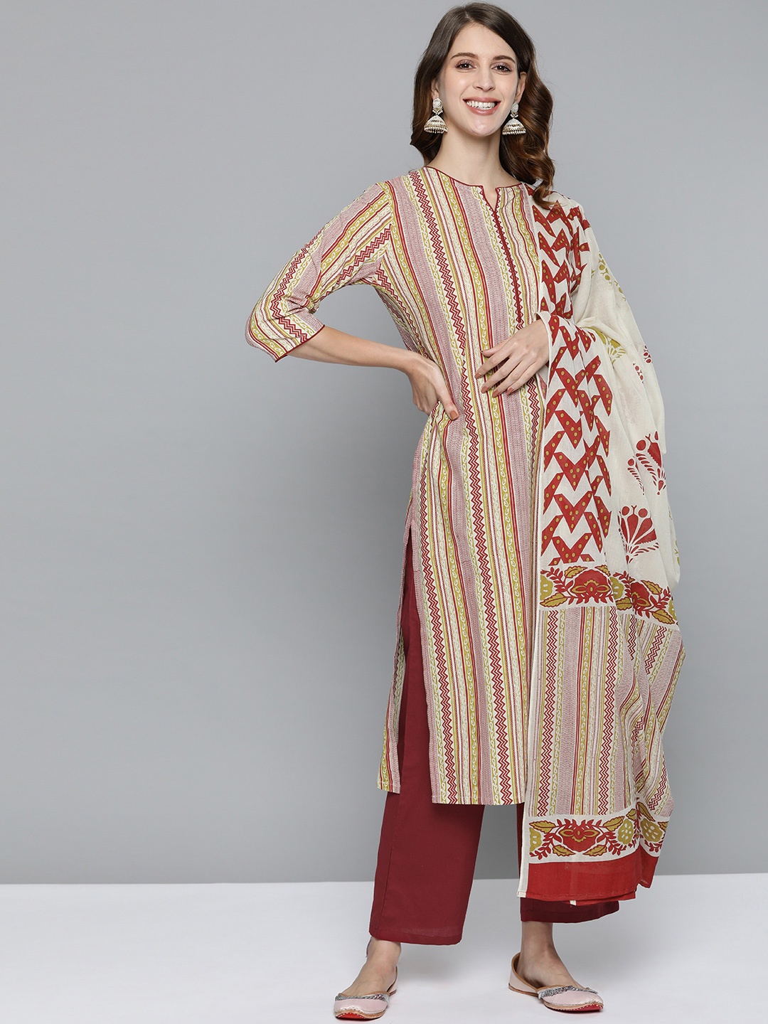 

HERE&NOW Women Off White Striped Regular Pure Cotton Kurta with Trousers & With Dupatta
