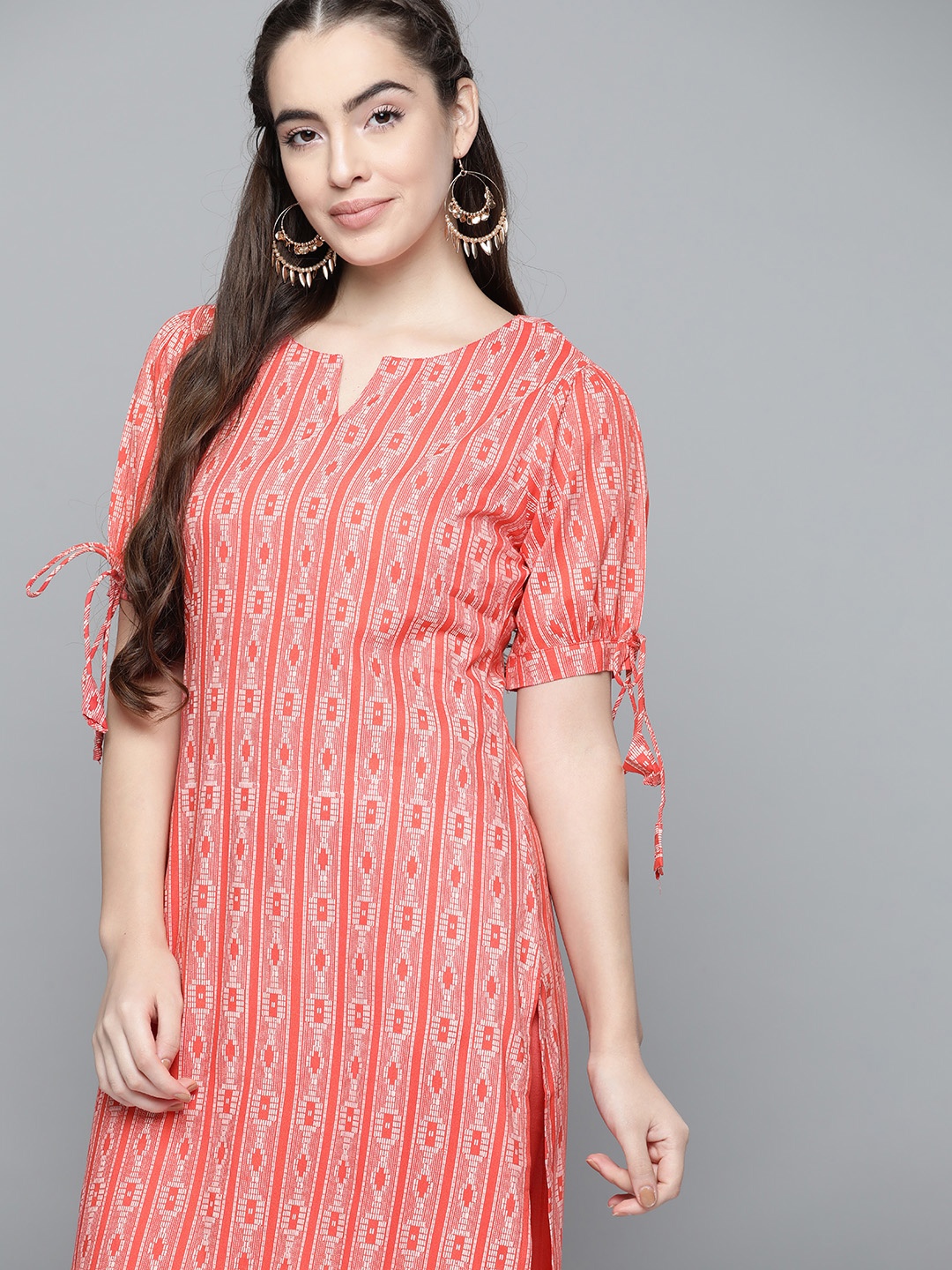 

HERE&NOW Women Coral Orange & Off White Geometric Printed Straight Kurta