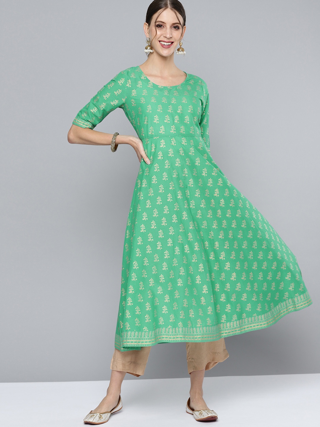 

HERE&NOW Women Green & Golden Ethnic Motifs Print Cotton Anarkali Kurta