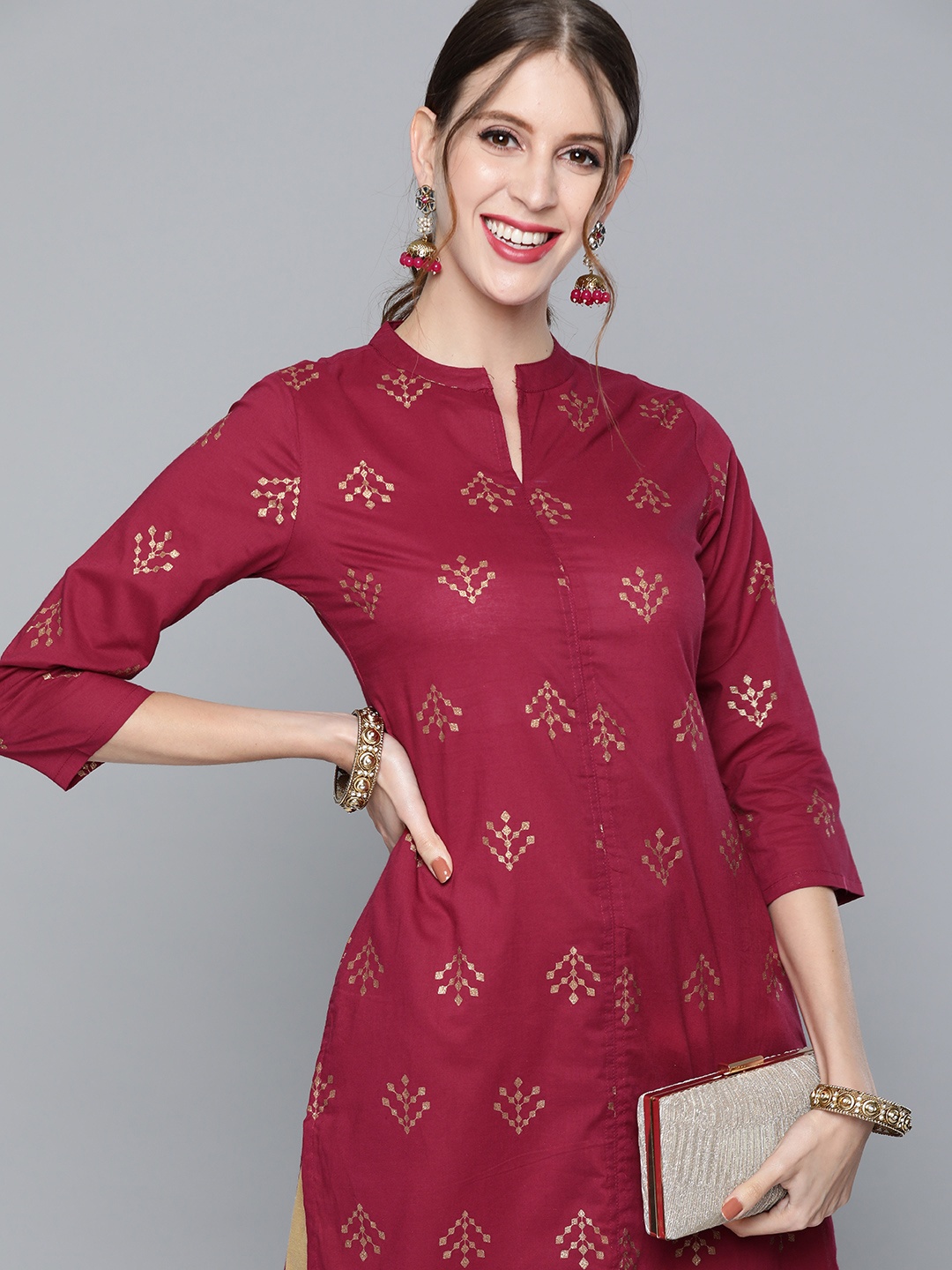 

HERE&NOW Women Magenta & Golden Ethnic Motifs Printed Cotton Kurta