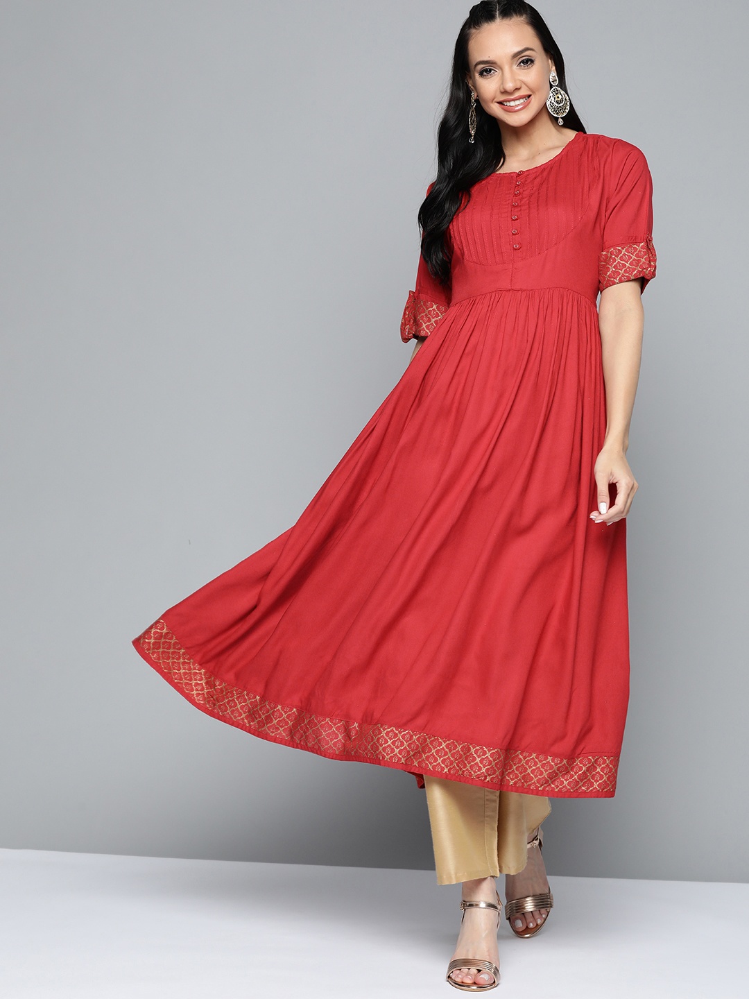 

HERE&NOW Women Red & Golden Solid A-Line Kurta