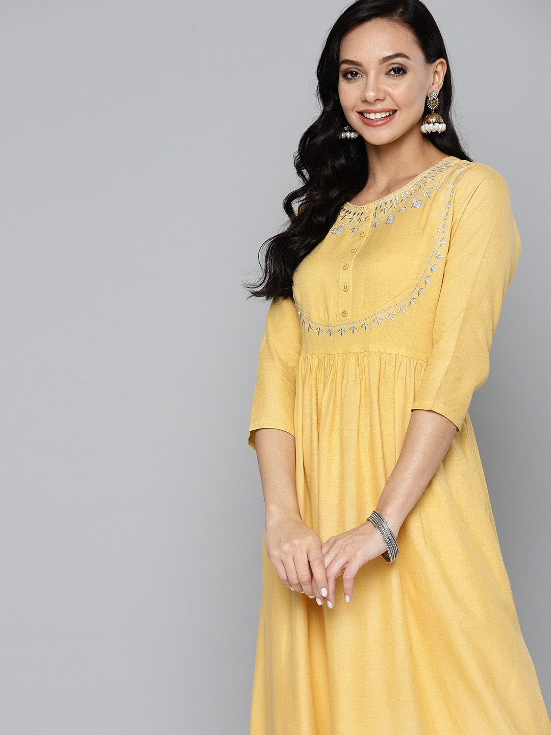 

HERE&NOW Women Yellow Yoke Design Thread Work A-Line Kurta