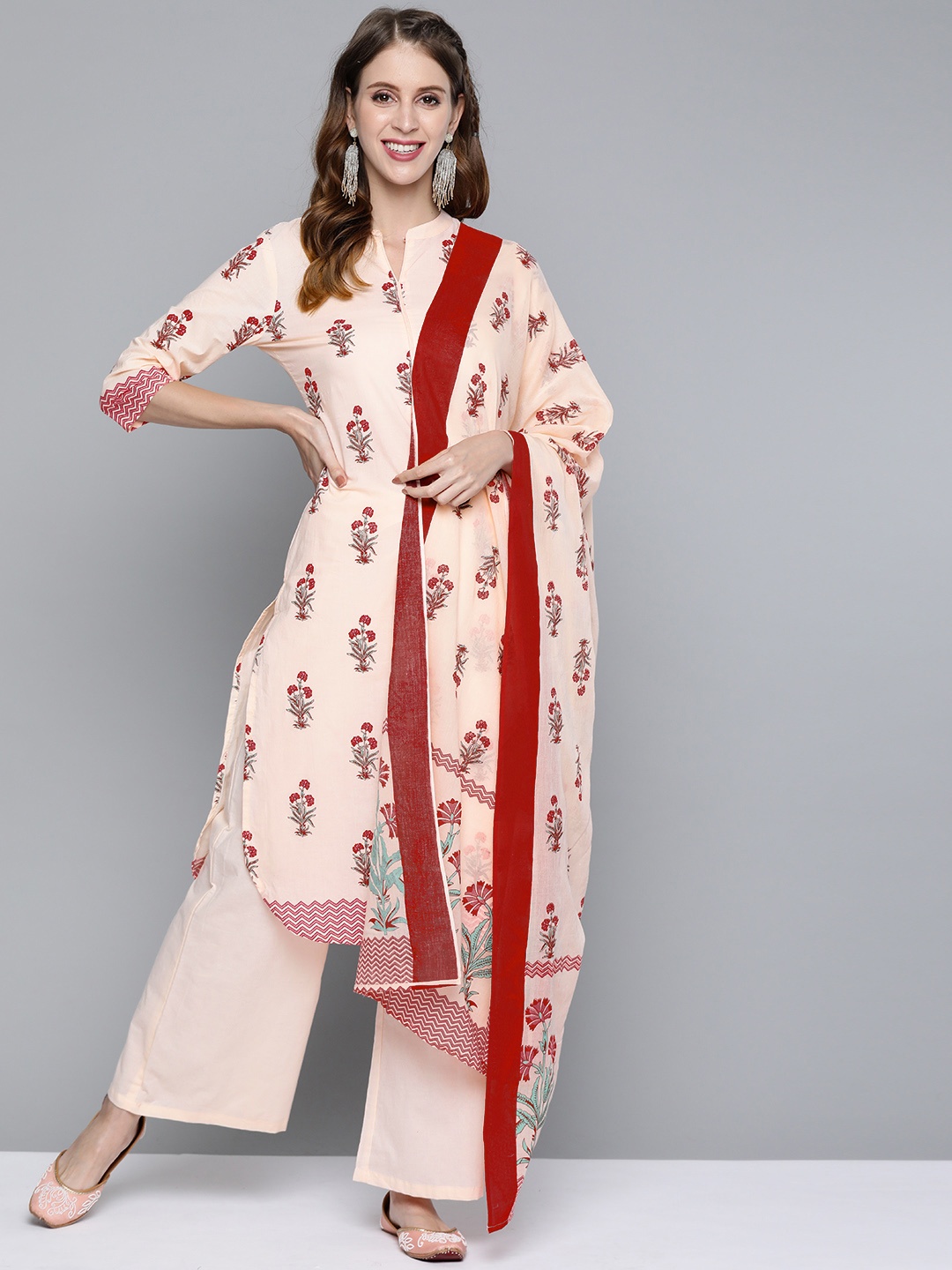 

HERE&NOW Women Peach-Coloured & Maroon Printed Pure Cotton Kurta with Palazzos & Dupatta