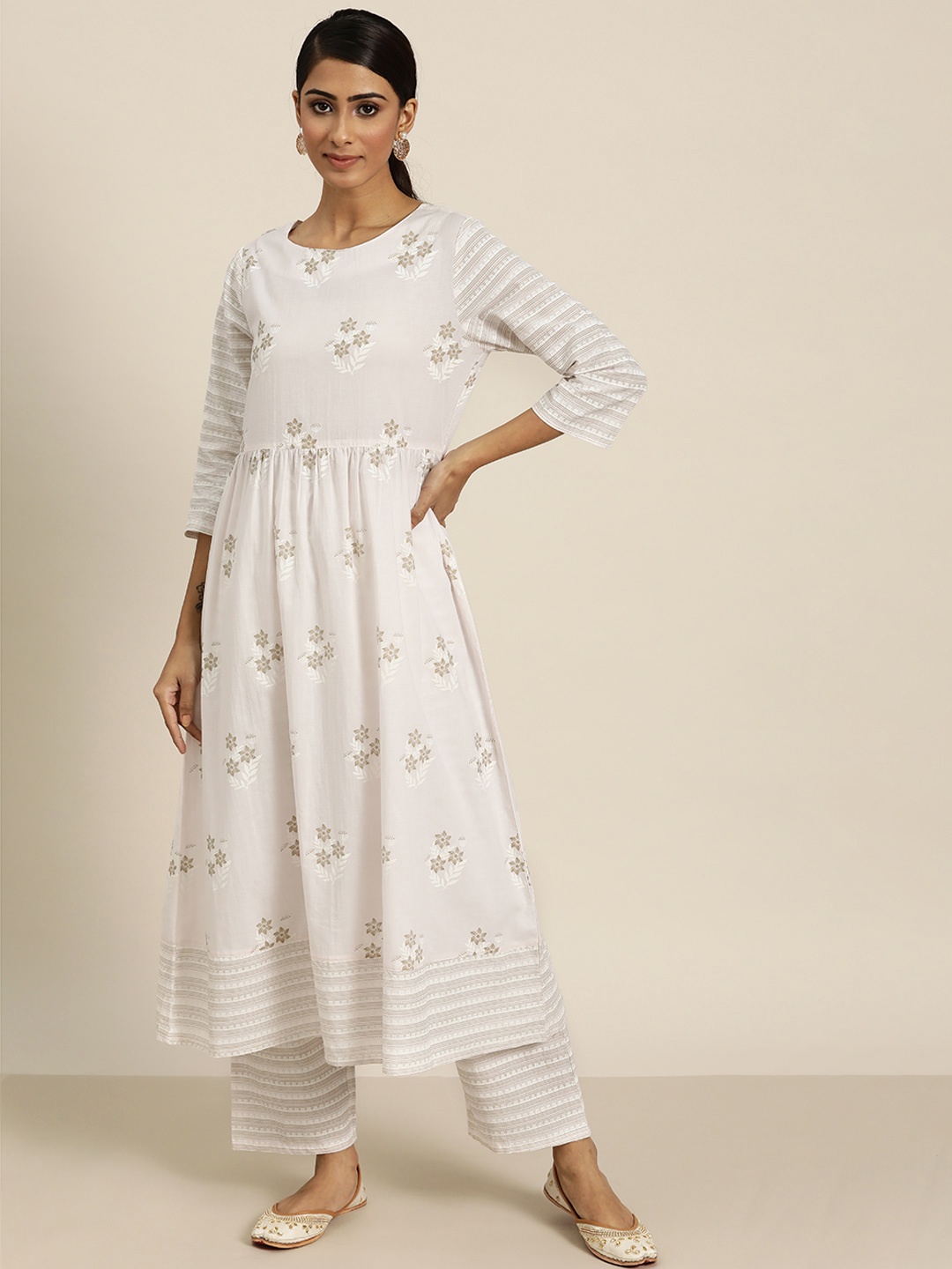 

Moda Rapido Women Off White & Beige Ethnic Motifs Printed Pure Cotton Kurta with Palazzos