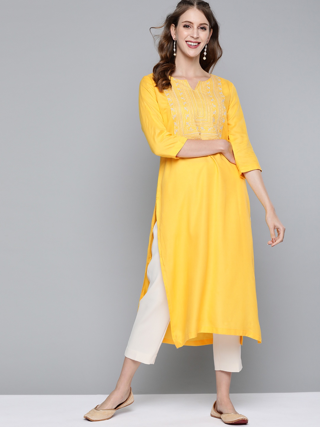 

HERE&NOW Women Yellow & Grey Ethnic Motifs Yoke Design Straight Kurta