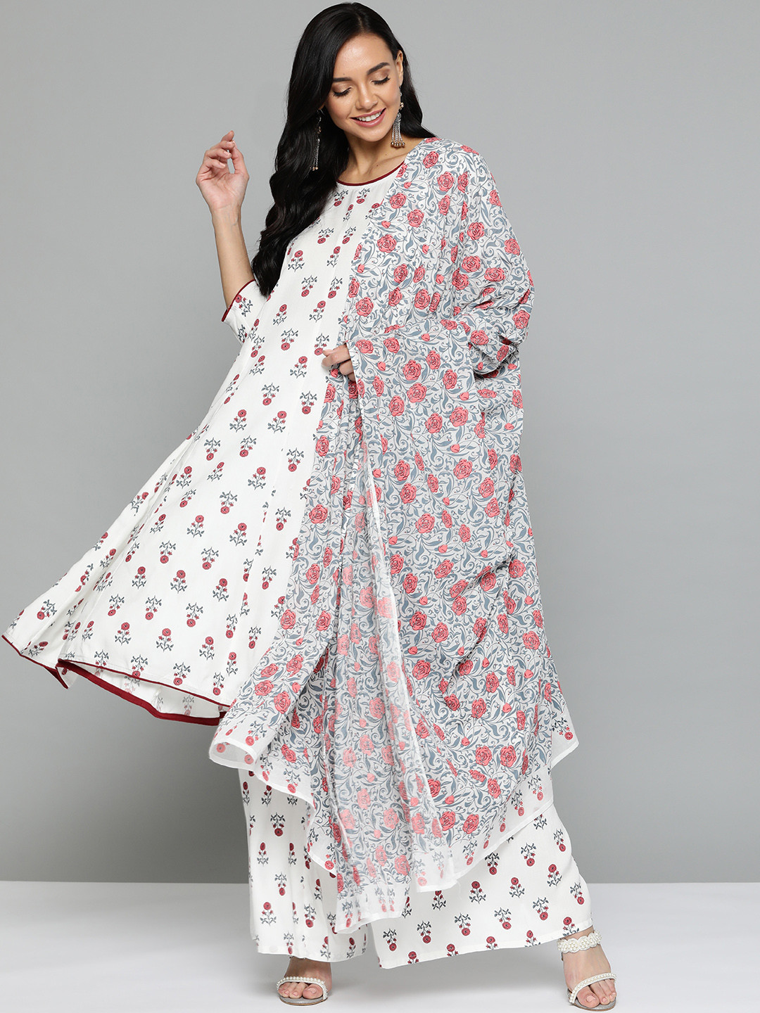 

HERE&NOW Women White Ethnic Motifs Printed Panelled Kurta with Sharara & Dupatta