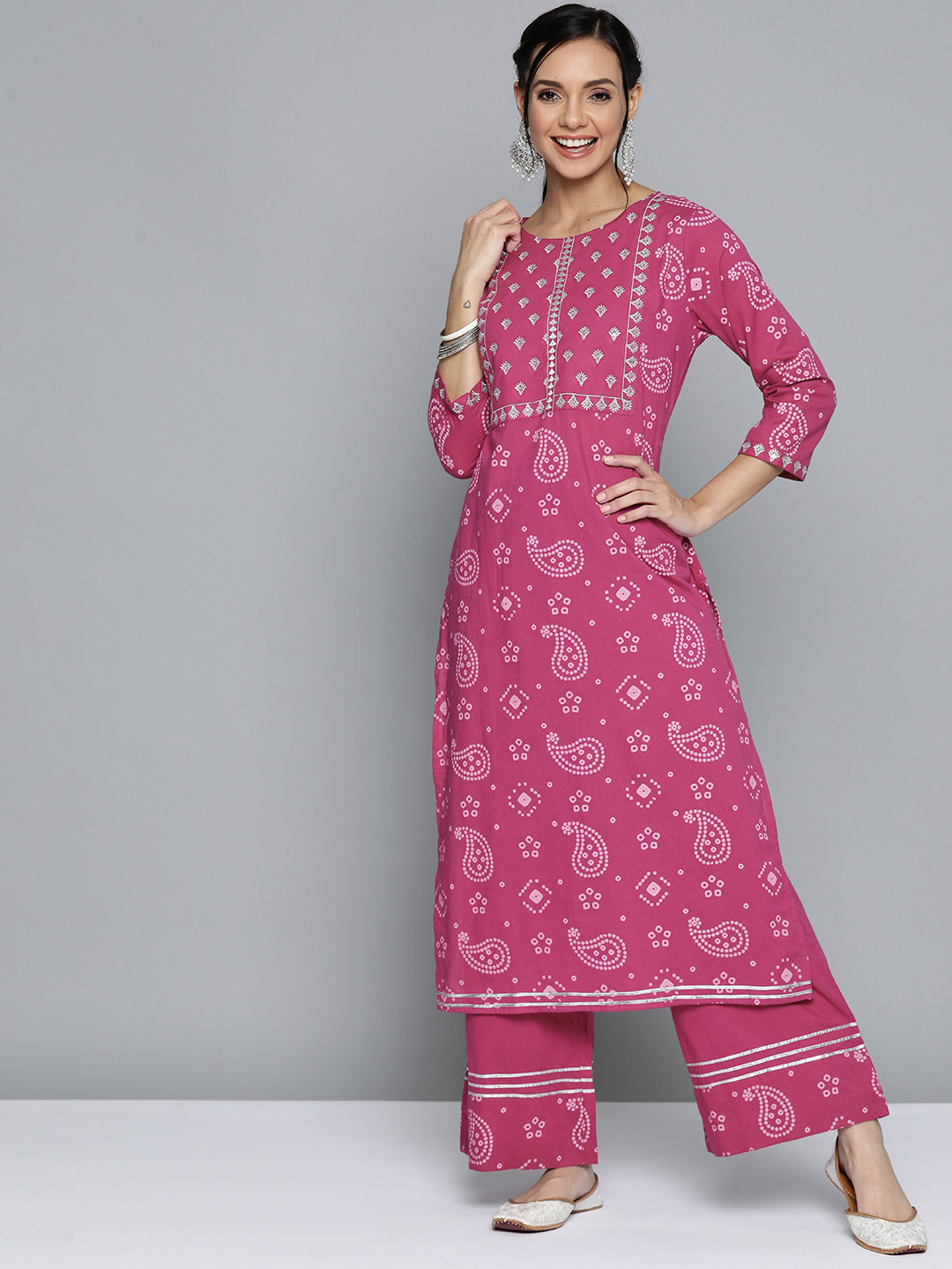 

HERE&NOW Women Pink & White Paisley Print Cotton Embroidered Straight Kurta with Palazzos