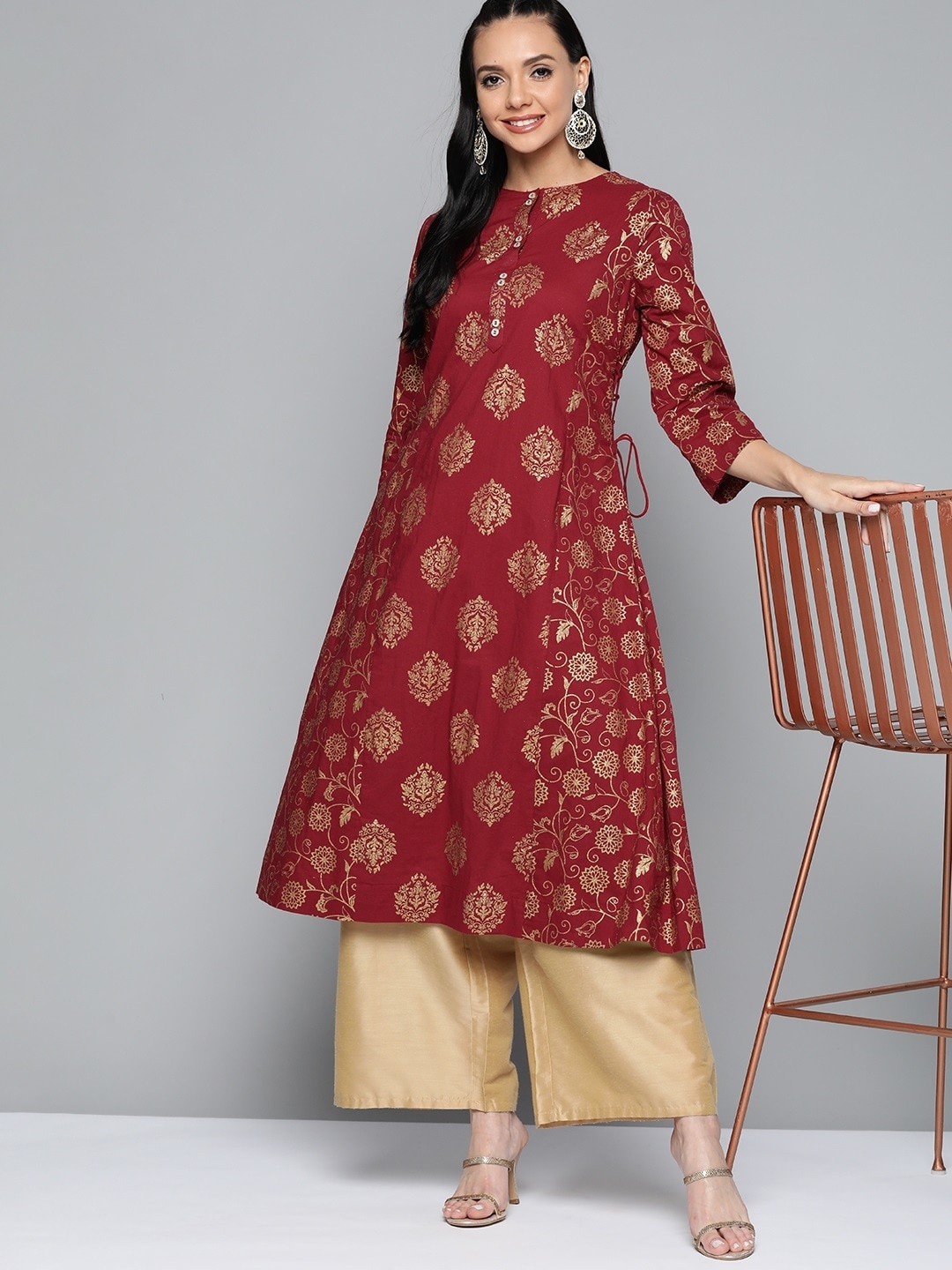 

HERE&NOW Women Maroon & Golden Ethnic Motifs Printed Pure Cotton A-Line Kurta