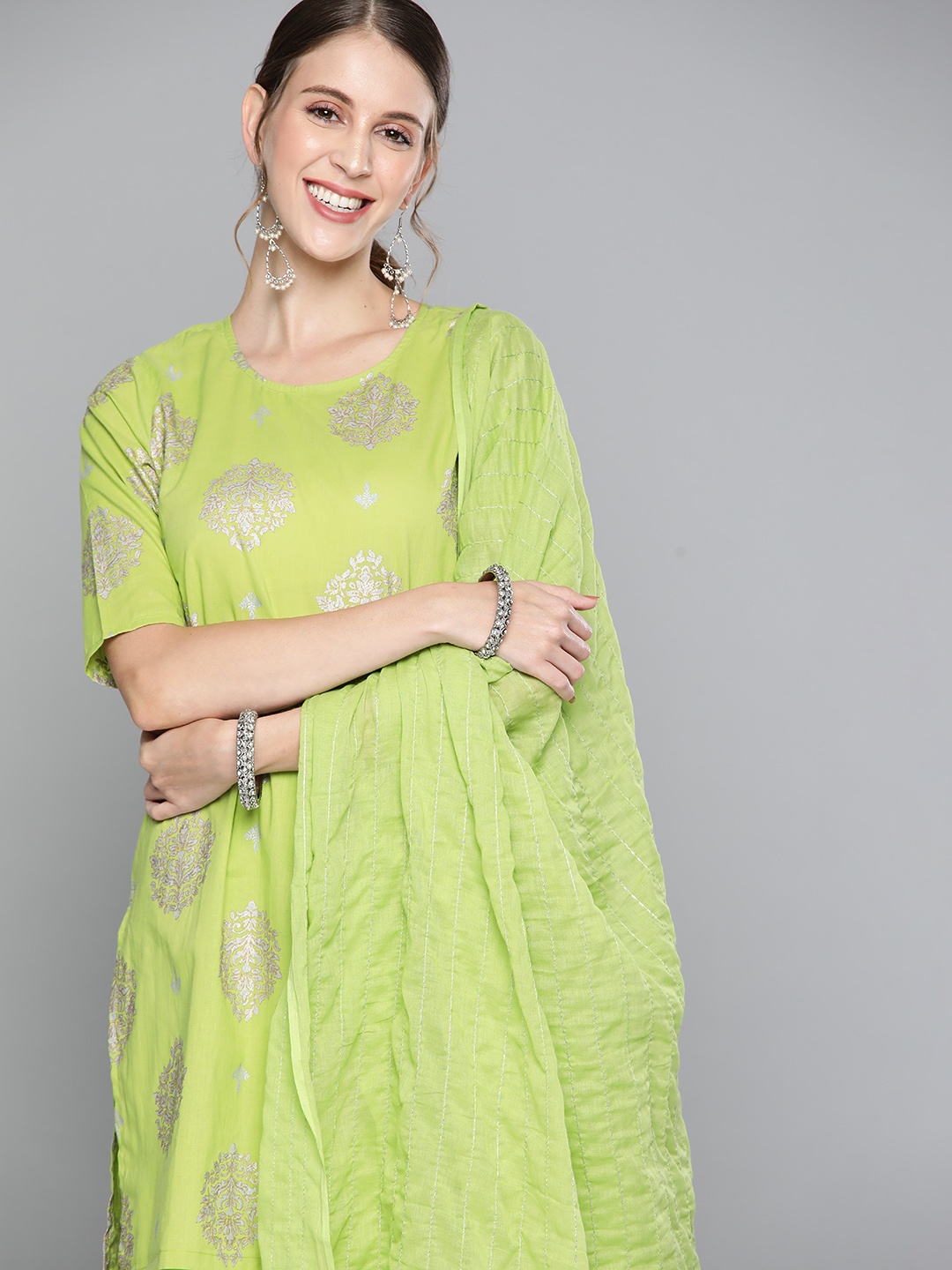 

HERE&NOW Women Green & Silver Ethnic Motifs Printed Cotton Kurta with Sharara & Dupatta