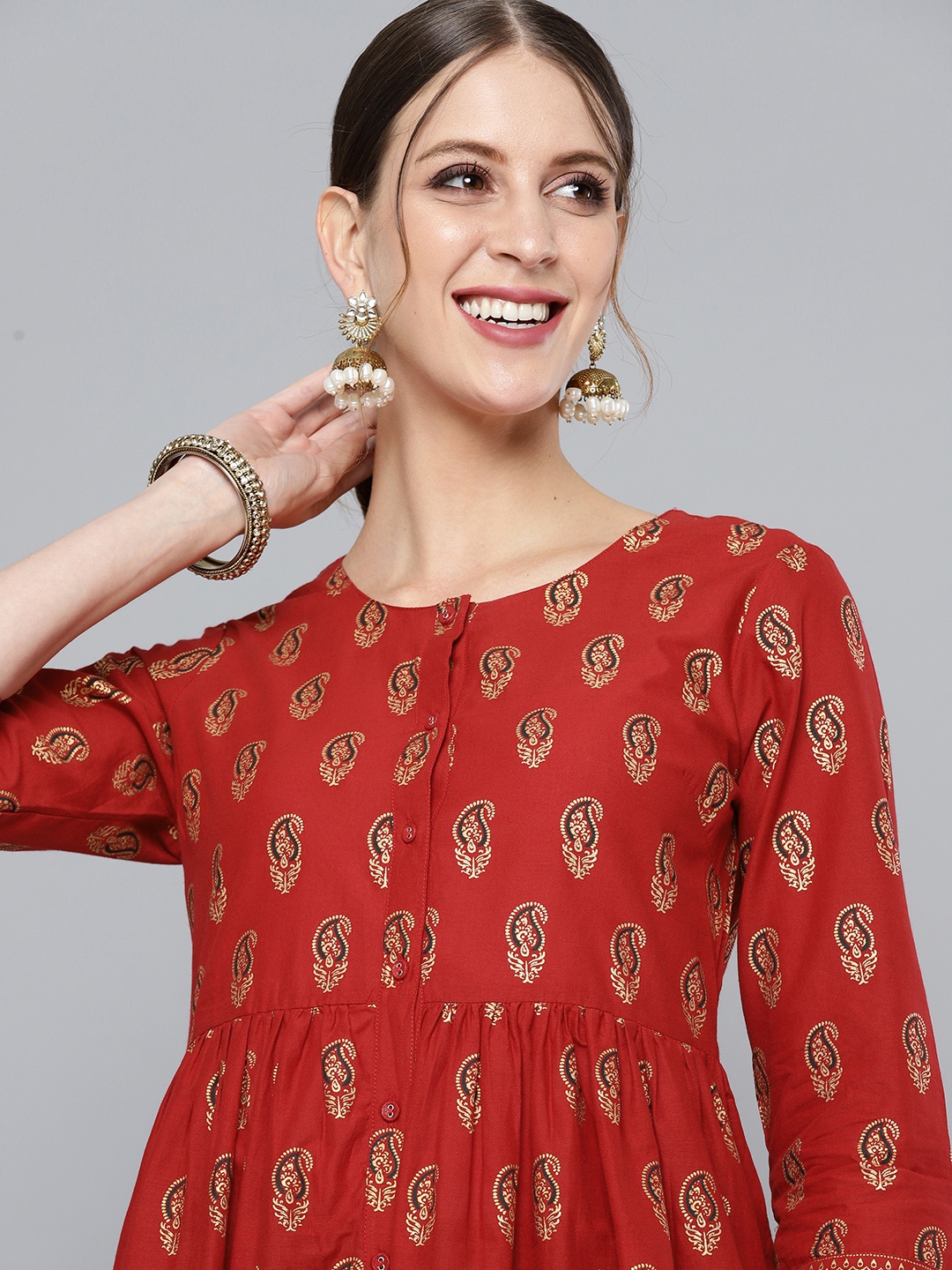 

HERE&NOW Women Maroon & Golden Paisley Print A-line Kurta