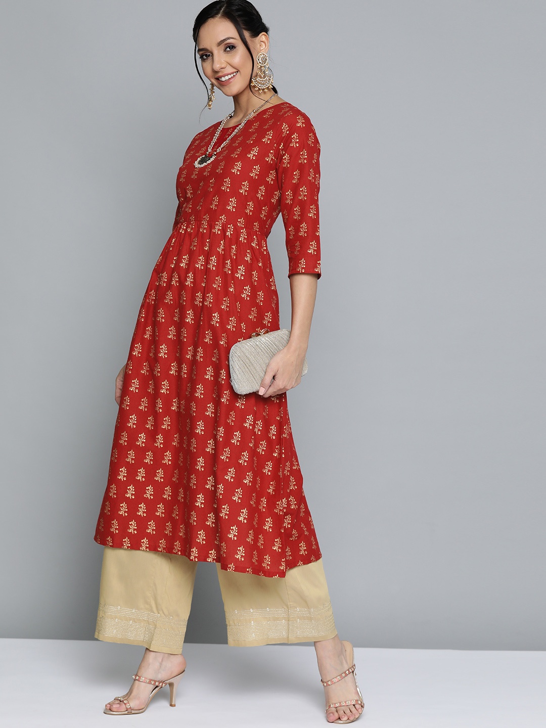 

HERE&NOW Women Red & Yellow Pure Cotton Geometric Printed A-Line Kurta
