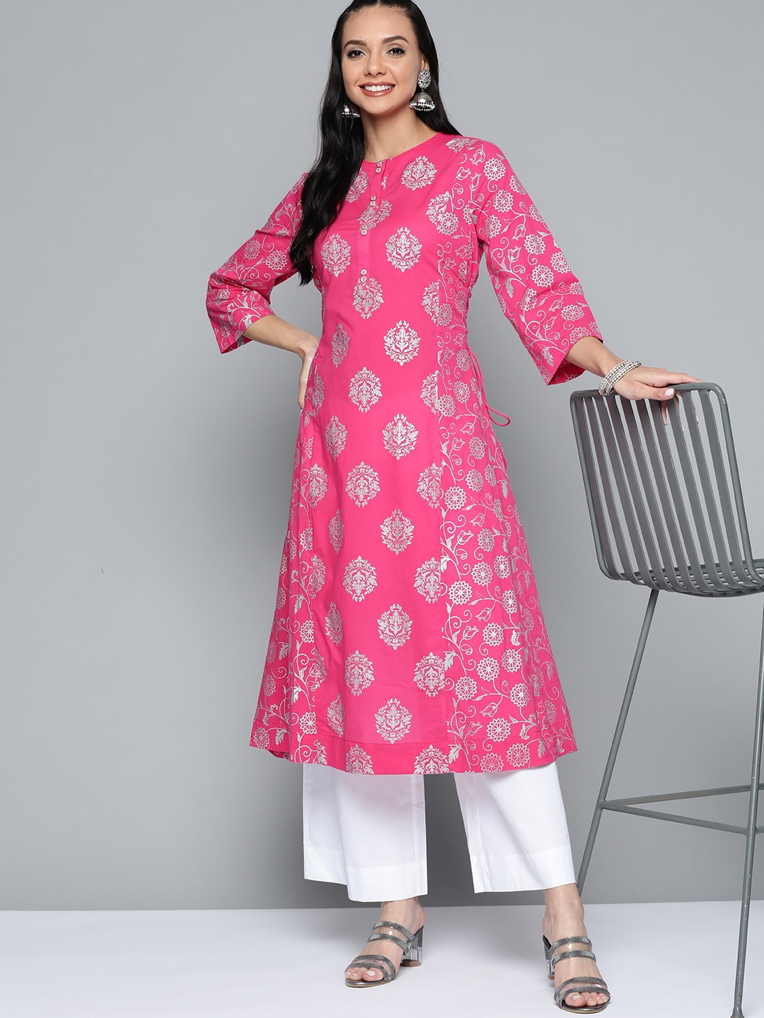 

HERE&NOW Women Pink & Silver Ethnic Motifs Printed A-Line Kurta