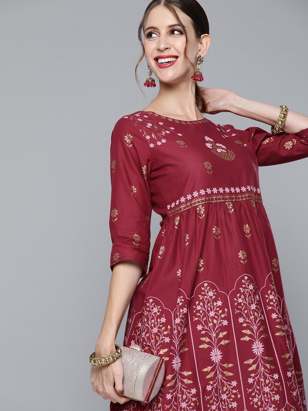 

HERE&NOW Women Maroon & Golden Ethnic Motifs Printed Pure Cotton A-Line Kurta