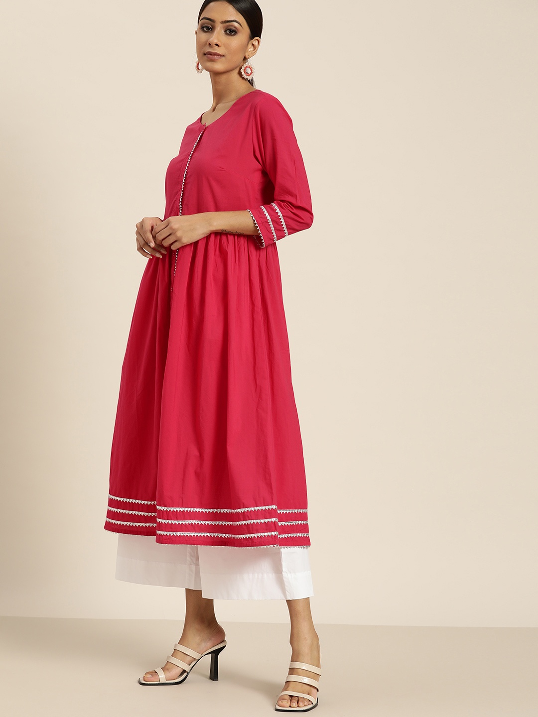 

Moda Rapido Women Pink Solid Gathered Cotton Gotta Patti A-line Kurta