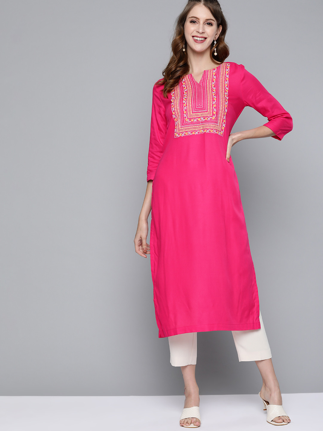 

HERE&NOW Women Pink & Yellow Ethnic Motifs Embroidered Yoke Design Kurta