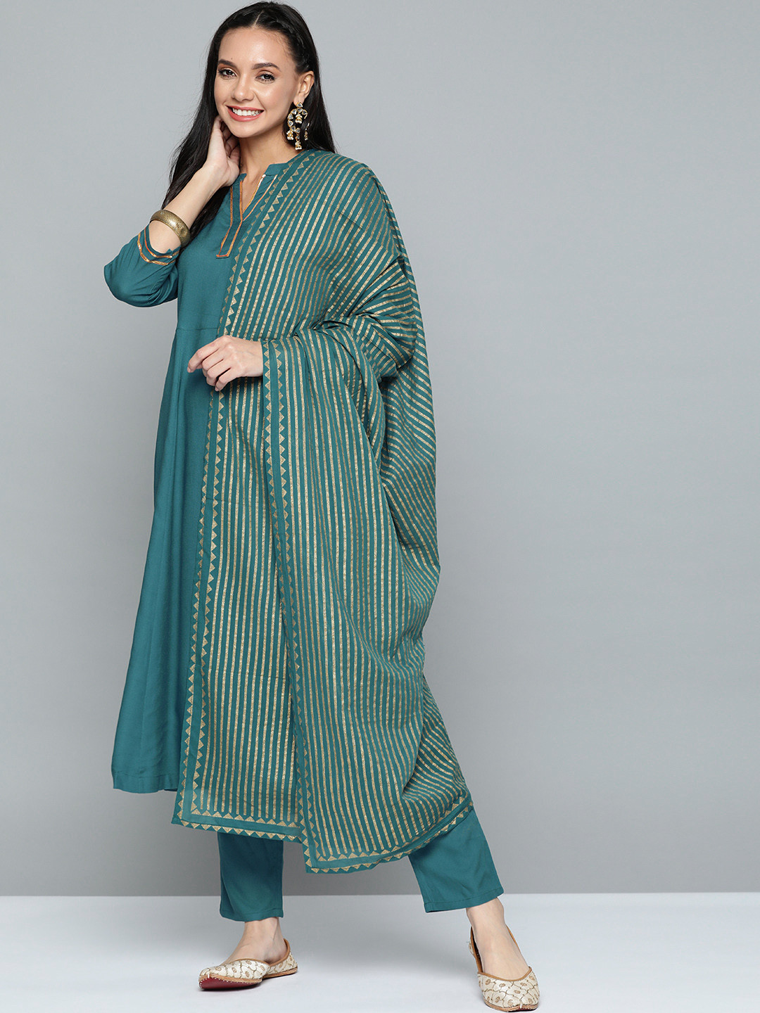 

HERE&NOW Women Teal Green & Golden Solid Anarkali Panelled Kurta with Trousers & Dupatta