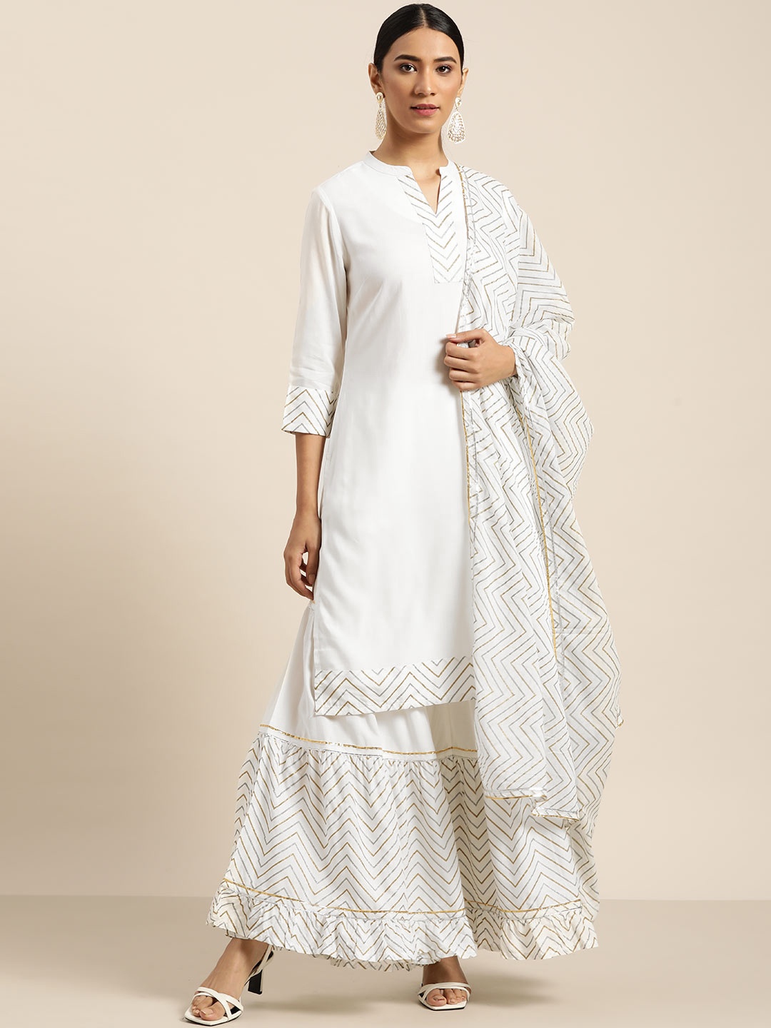 

Moda Rapido Geometric Viscose Rayon Short Kurti with Sharara, White