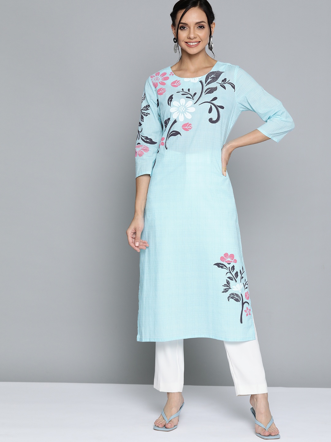 

HERE&NOW Women Blue & Charcoal Grey Pure Cotton Ethnic Motifs Printed Straight Kurta