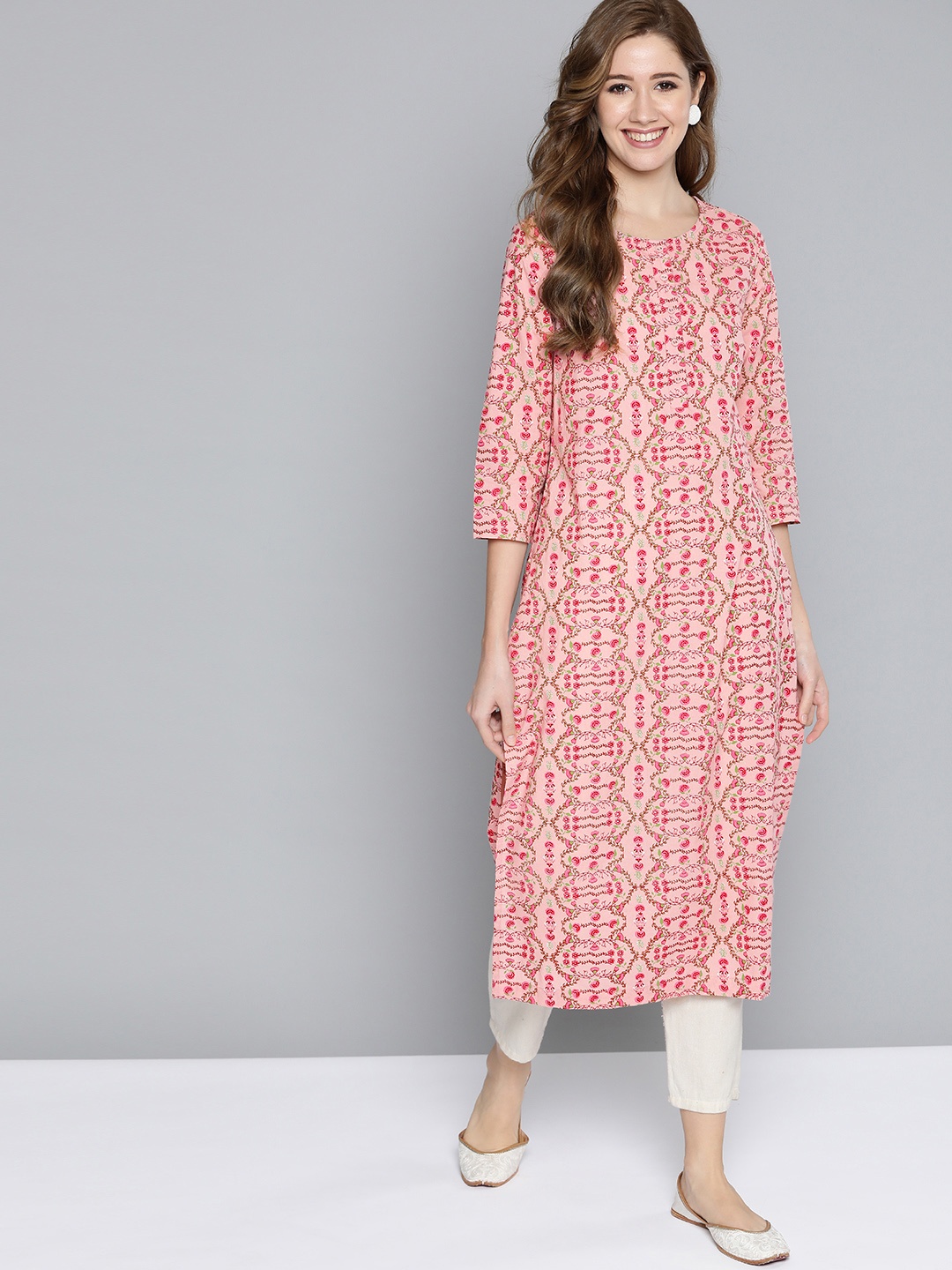 

HERE&NOW Women Pink & Green Ethnic Motifs Print Cotton Straight Kurta