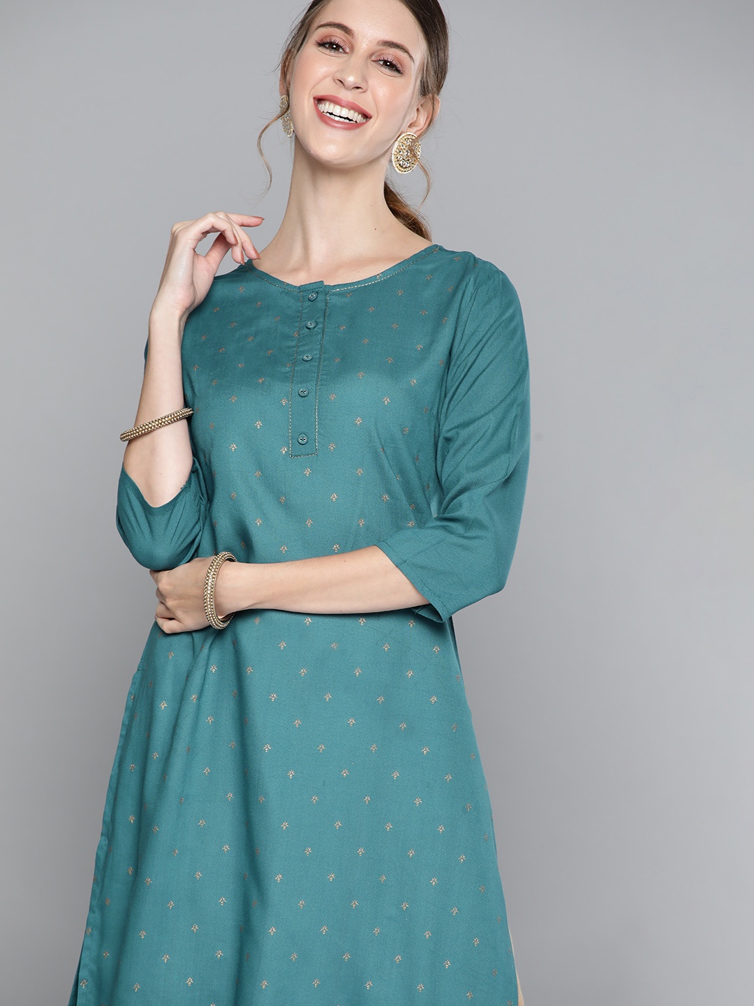 

HERE&NOW Women Blue & Gold-Toned Ethnic Motifs Printed Kurta
