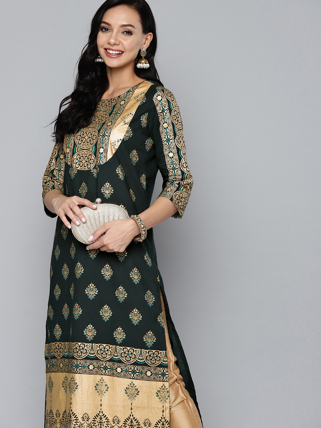 

HERE&NOW Women Green & Golden Ethnic Motifs Printed Cotton Kurta