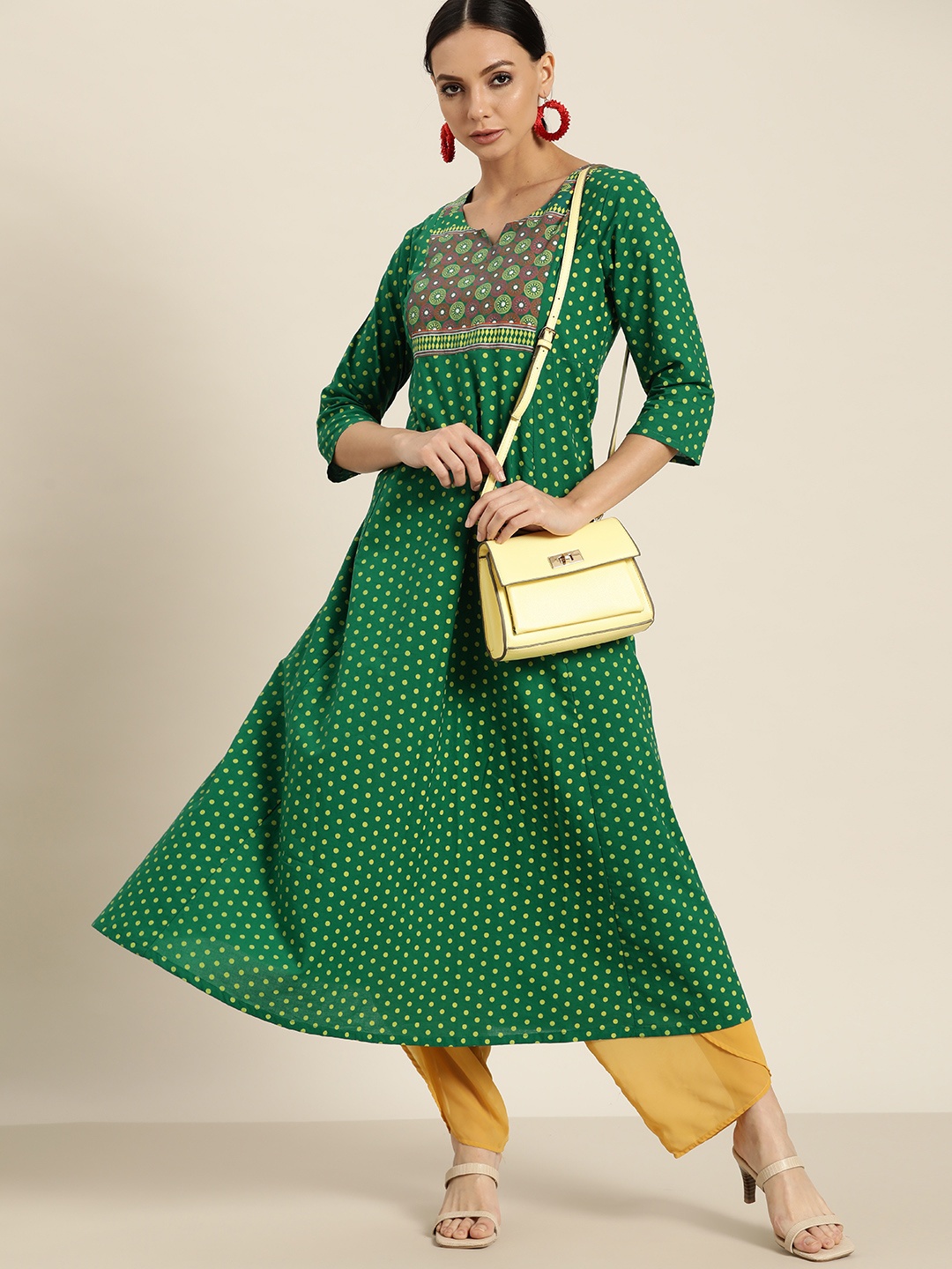 

Moda Rapido Women Green & Yellow Pure Cotton Polka Dots Printed A-Line Kurta