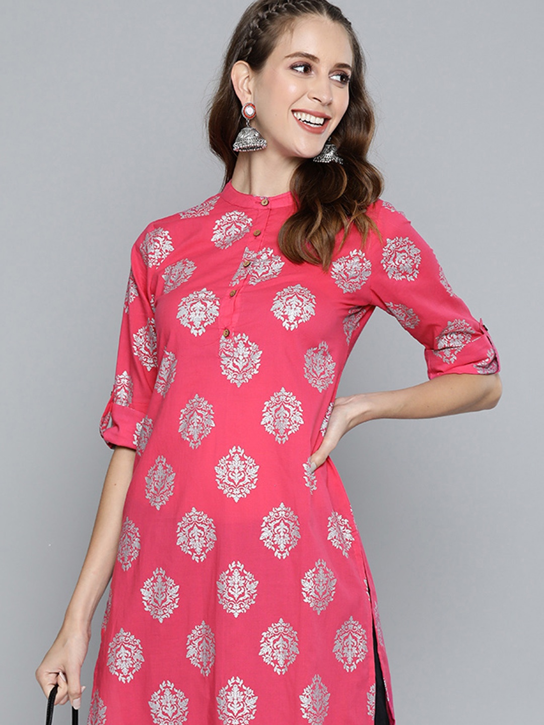 

HERE&NOW Women Pink & Silver Pure Cotton Ethnic Motifs Printed Kurta