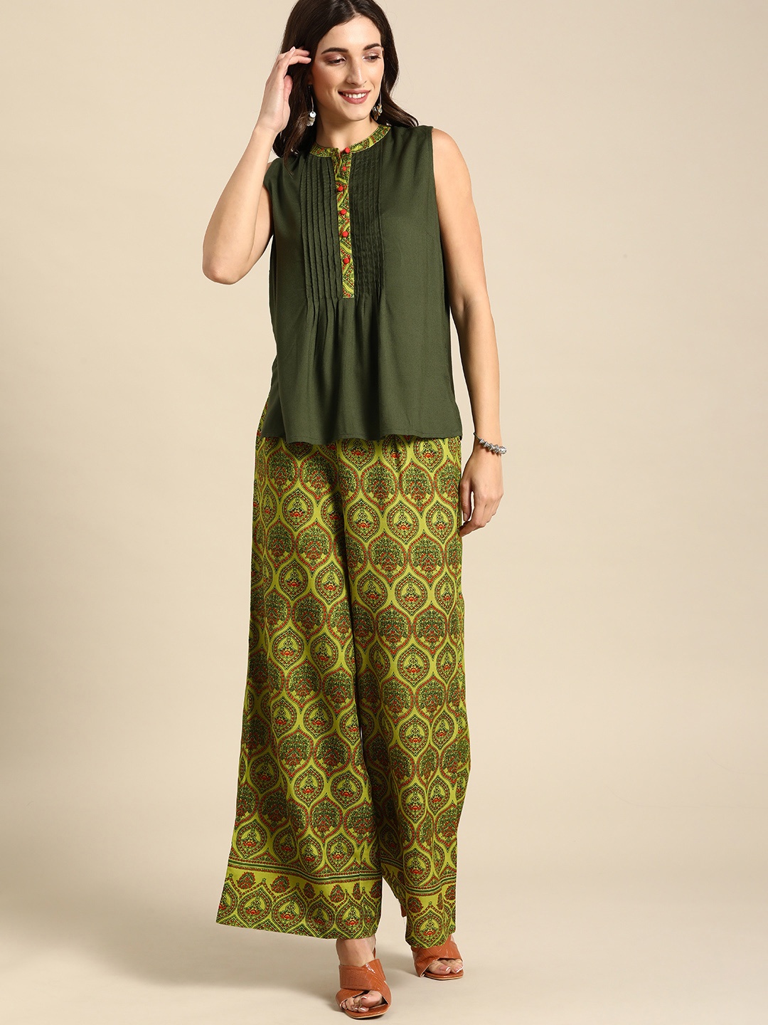 

all about you Women Olive Green Printed Top with Palazzos