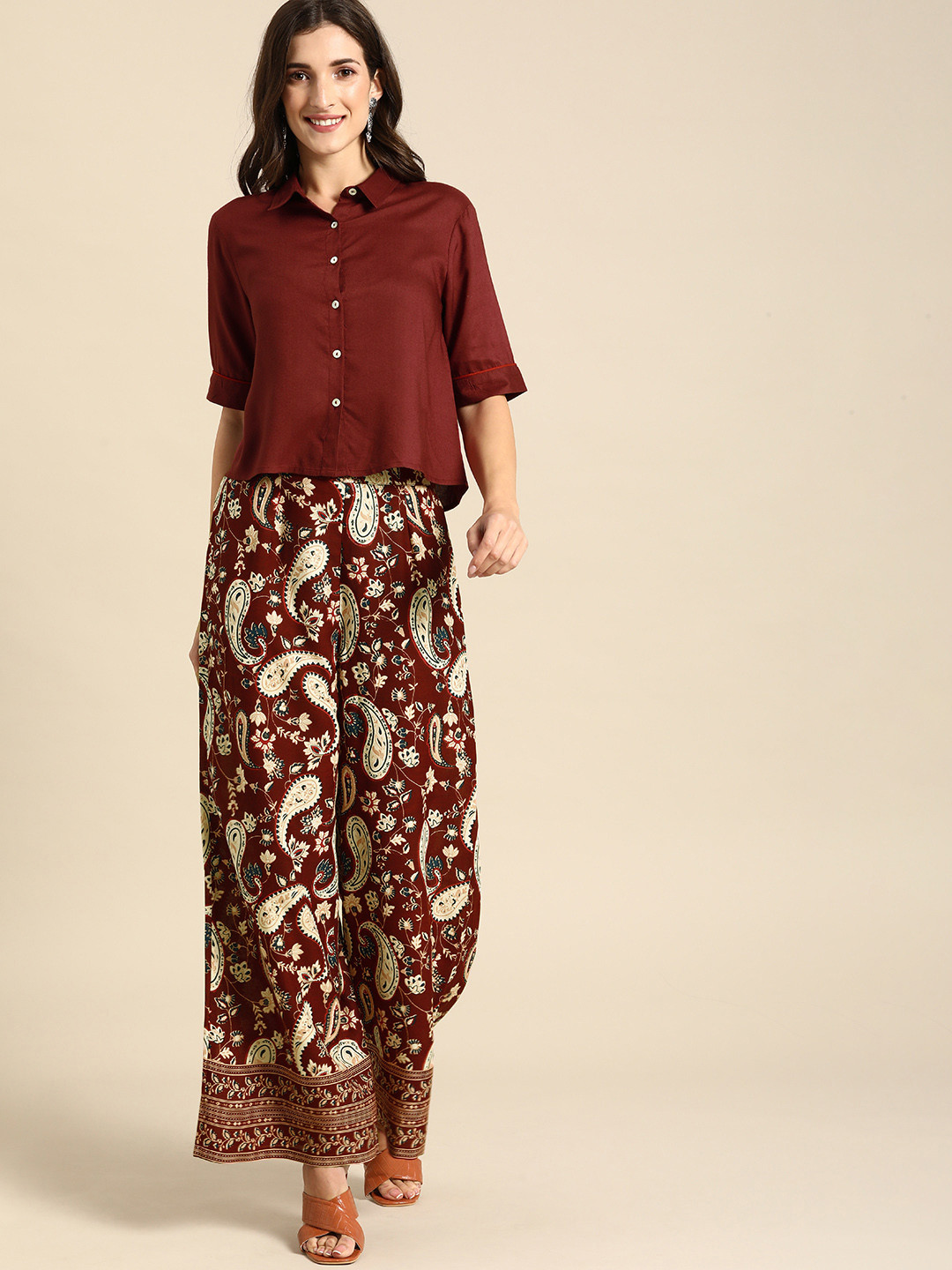 

all about you Women Maroon & Off-White Shirt with Palazzos